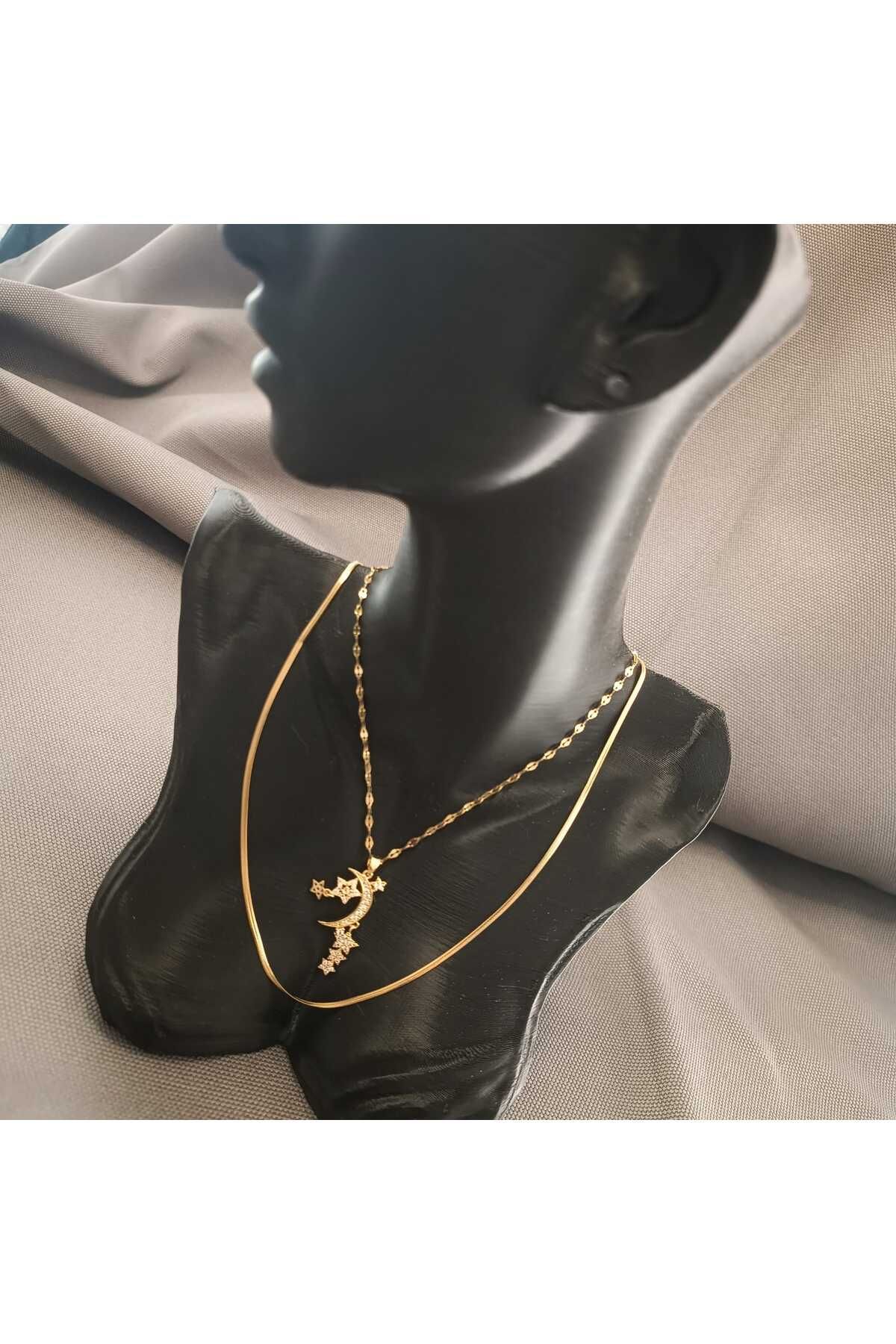 Masal Gurumi AYYILDIZ / KUYRUKLU YILDIZ KOLYE & İTALYAN ZİNCİR KOLYE İKİLİ TAKIM 316L ÇELİK GOLD RENK