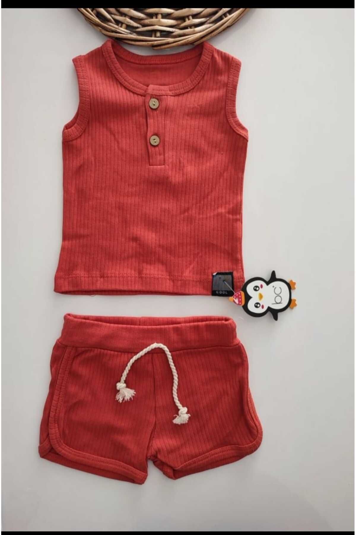 Kids BB-Unisex Yazlık 2li Set Atlet Şort Takım Kiremit Bebek Çocuk