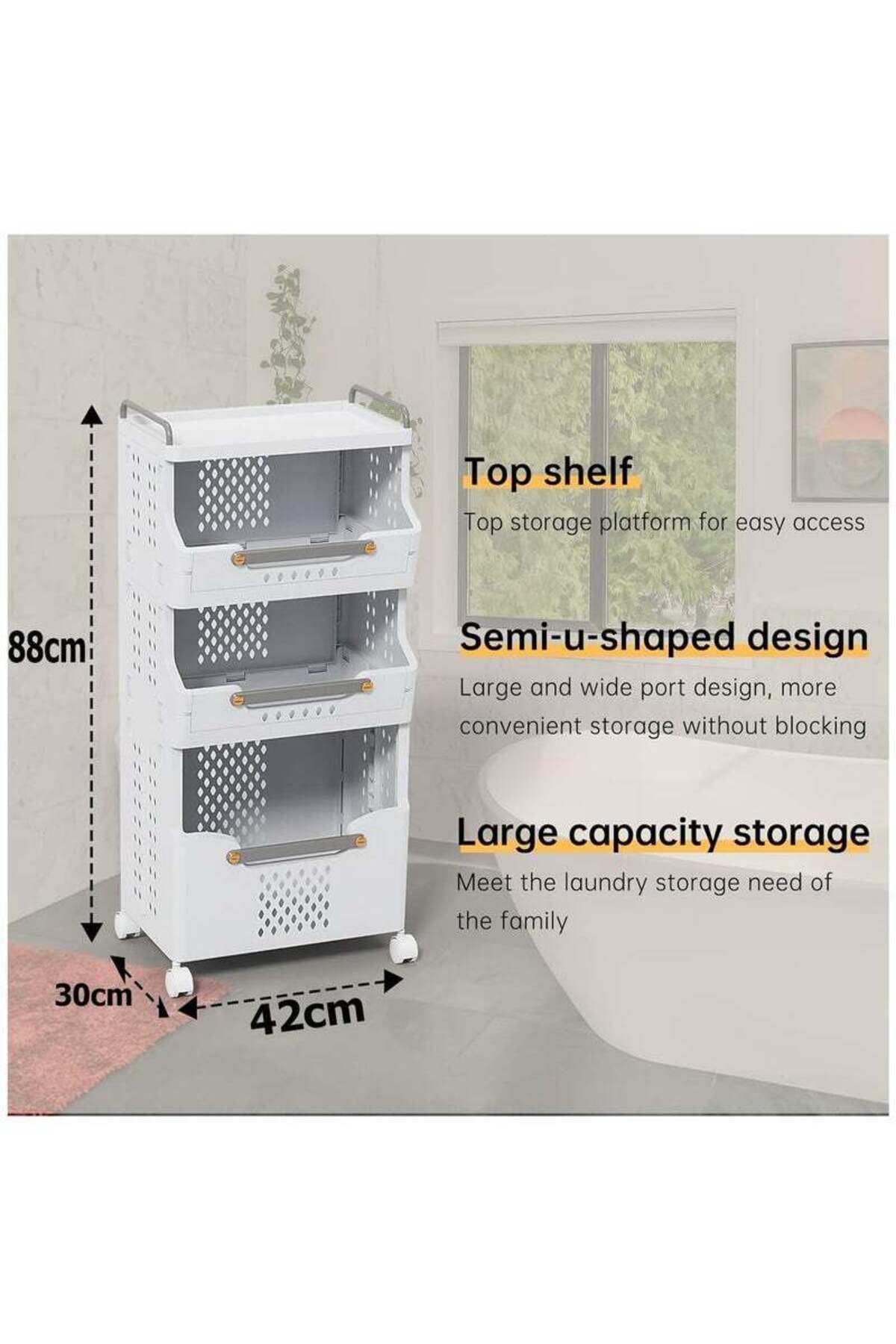COOYA-3-layer laundry basket,detachable and foldable,multi-partition storage,with handles and wheels,white 4