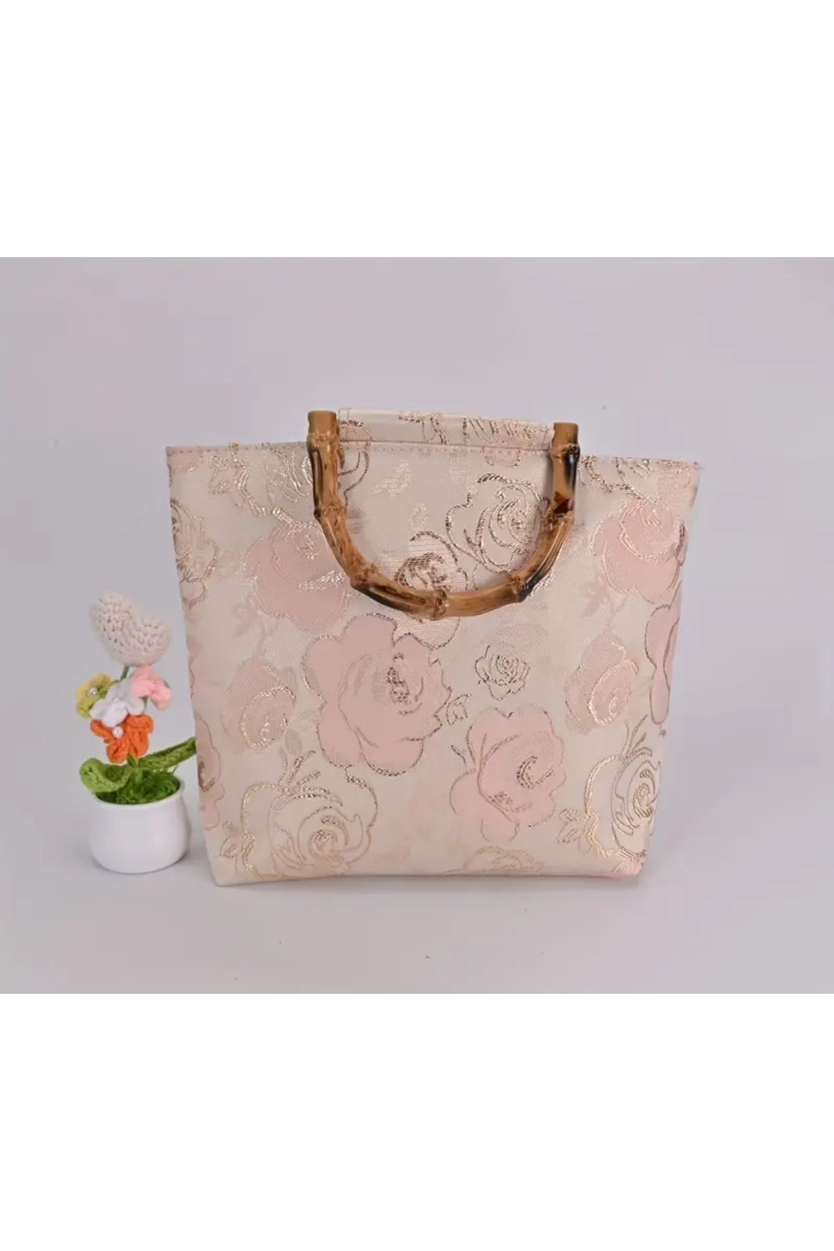 La Saade Palm Beach Clush -Bamboo Saplı Pembe Gül Motifli Çanta