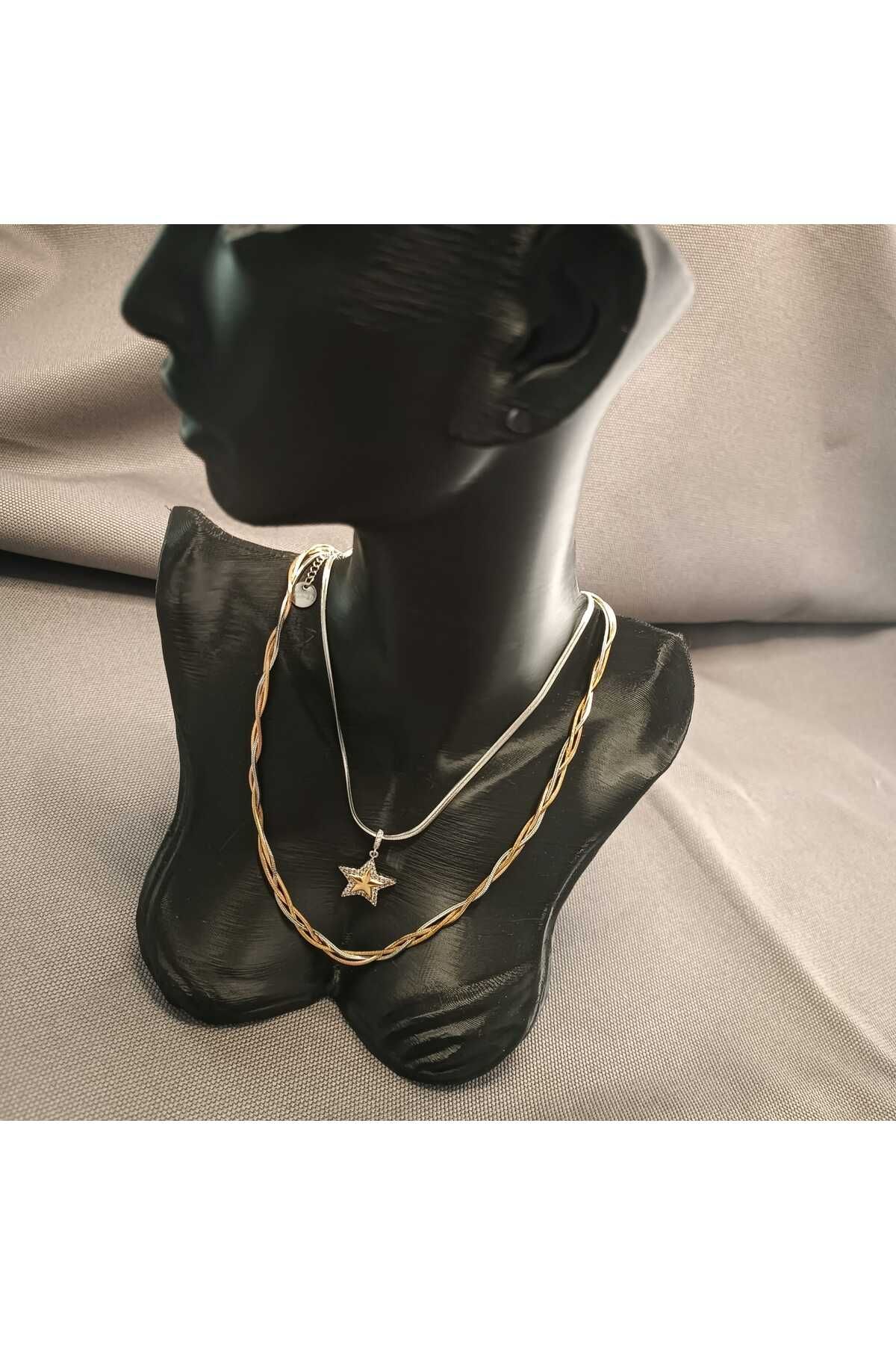 Masal Gurumi YILDIZ UÇLU KOLYE & YILDIZ SALLANTILI KÜPE & ÜÇ RENKLİ BURGU ZİNCİR KOLYE 316L ÇELİK GOLD RENK