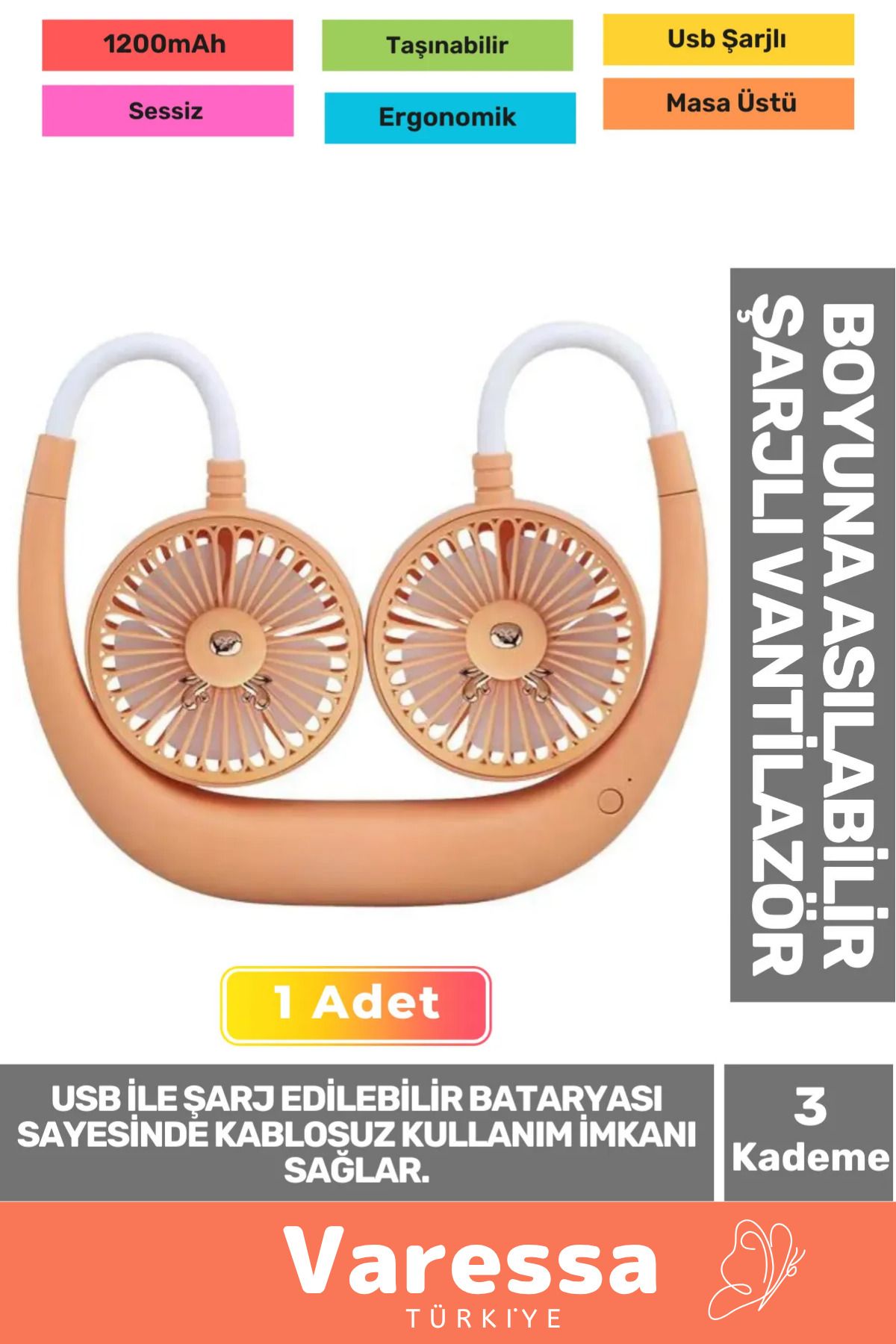 VARESSA Özel Üretim Sessiz Eller Serbest Boyna Asılabilir Şarjlı 3 Kademeli Vantilatör Klima Soğutucu Fan