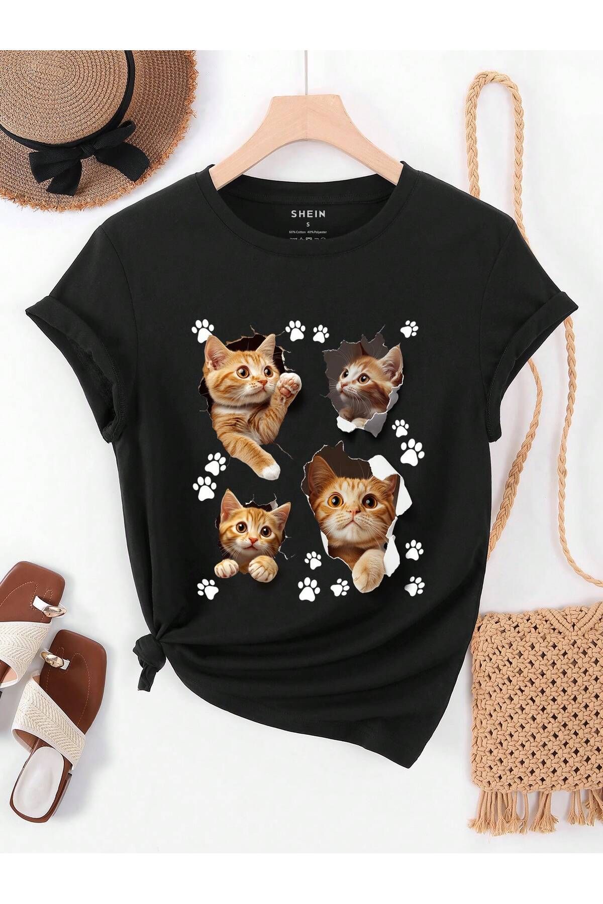 aynewmoda Yaz Rahat Kısa Kollu Yuvarlak Yaka Kedi Baskılı Tişört