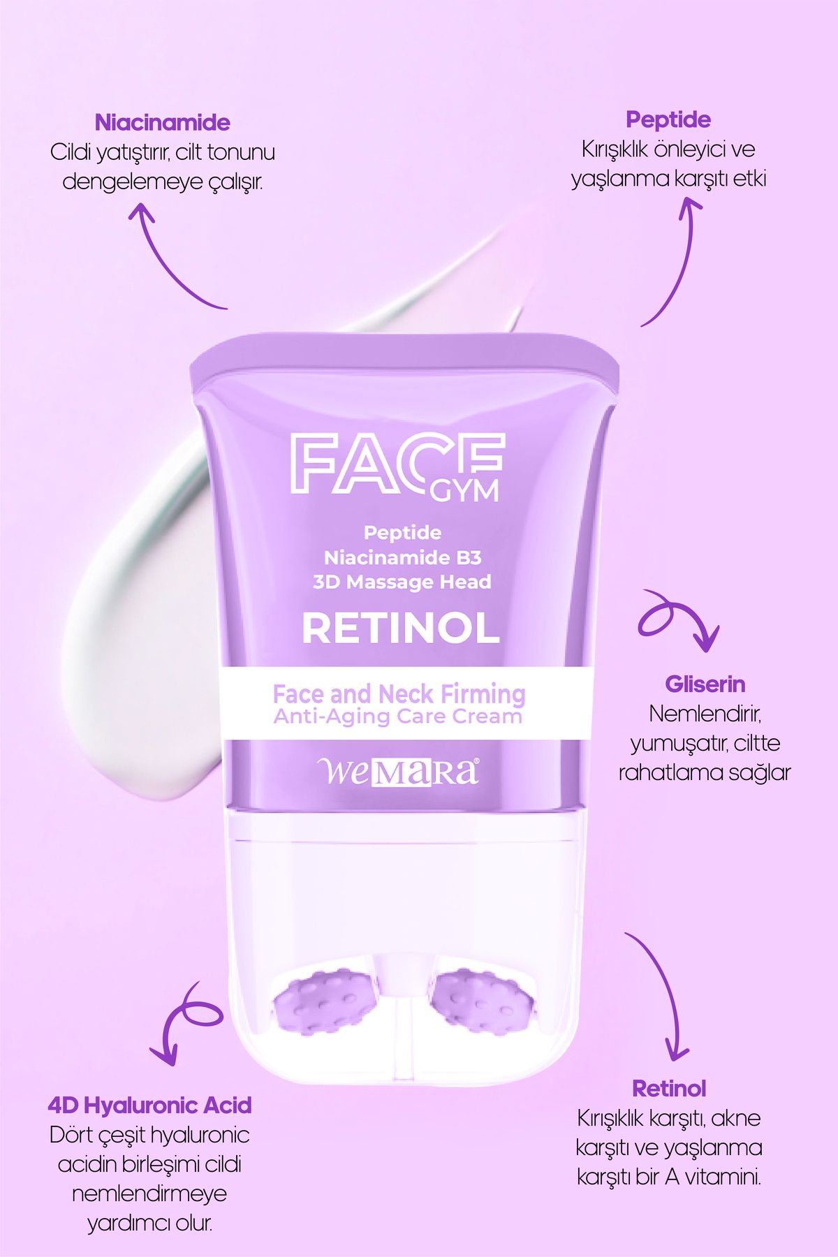 WeMara Retinol & Anti-aging (MOR) Masaj Başlıklı Yüz Kremi Masaj Başlıklı Krem