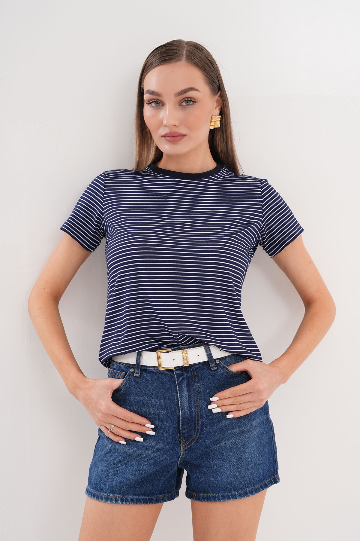 GENIUS STORE Kadın Çizgili T-shirt Bisiklet Yaka Kısa Kollu Tişört ÇİZGİLİ-TİŞÖRT