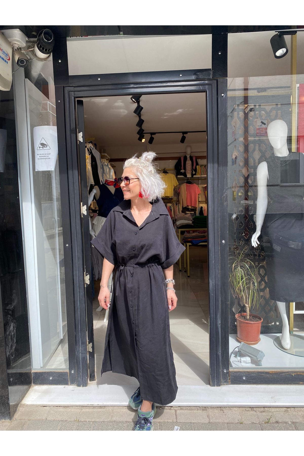 özlem adaşoğlu boutique BEL BÜZGÜLÜ İKİ YANI YIRTMAÇLI ELBİSE
