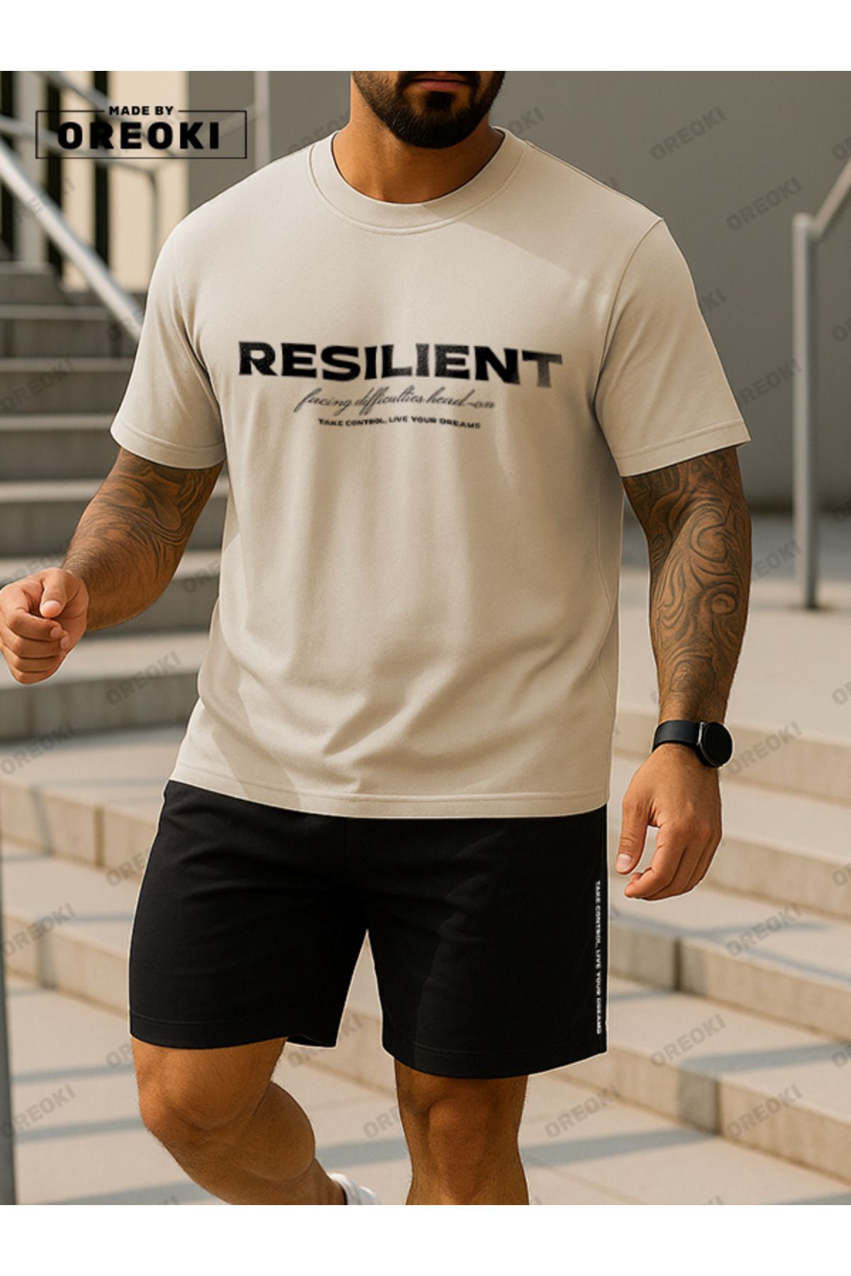 EFFRENATU Dayanıklı Baskılı Pamuklu Kumaş Erkek Bej T-shirt-Siayh Şort Takım