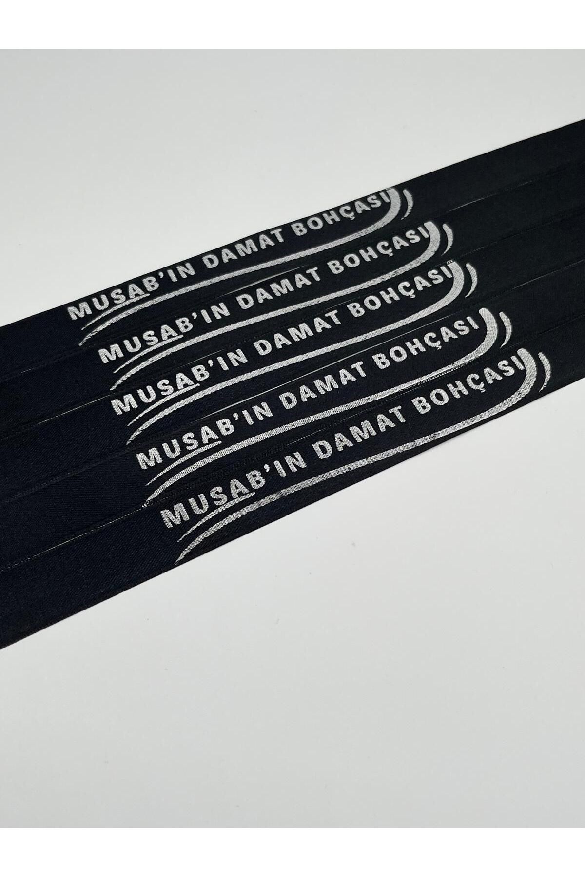EvremStore Kişiye Özel Siyah Üzeri Gümüş Baskılı Bohça Bağlama Kurdelesi 1 Metre - 5 Adet