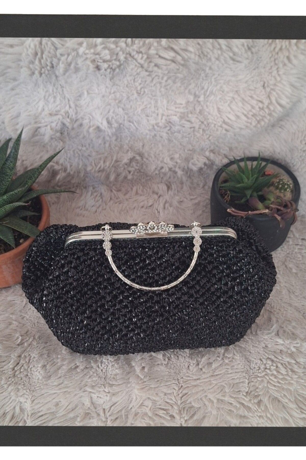 Butik KADIN SİYAH METAL ÇANTA KULPLU METALİK RAFYA İPTEN YAZLIK EL ÇANTASI,HAND MADE EL ÖRGÜSÜ