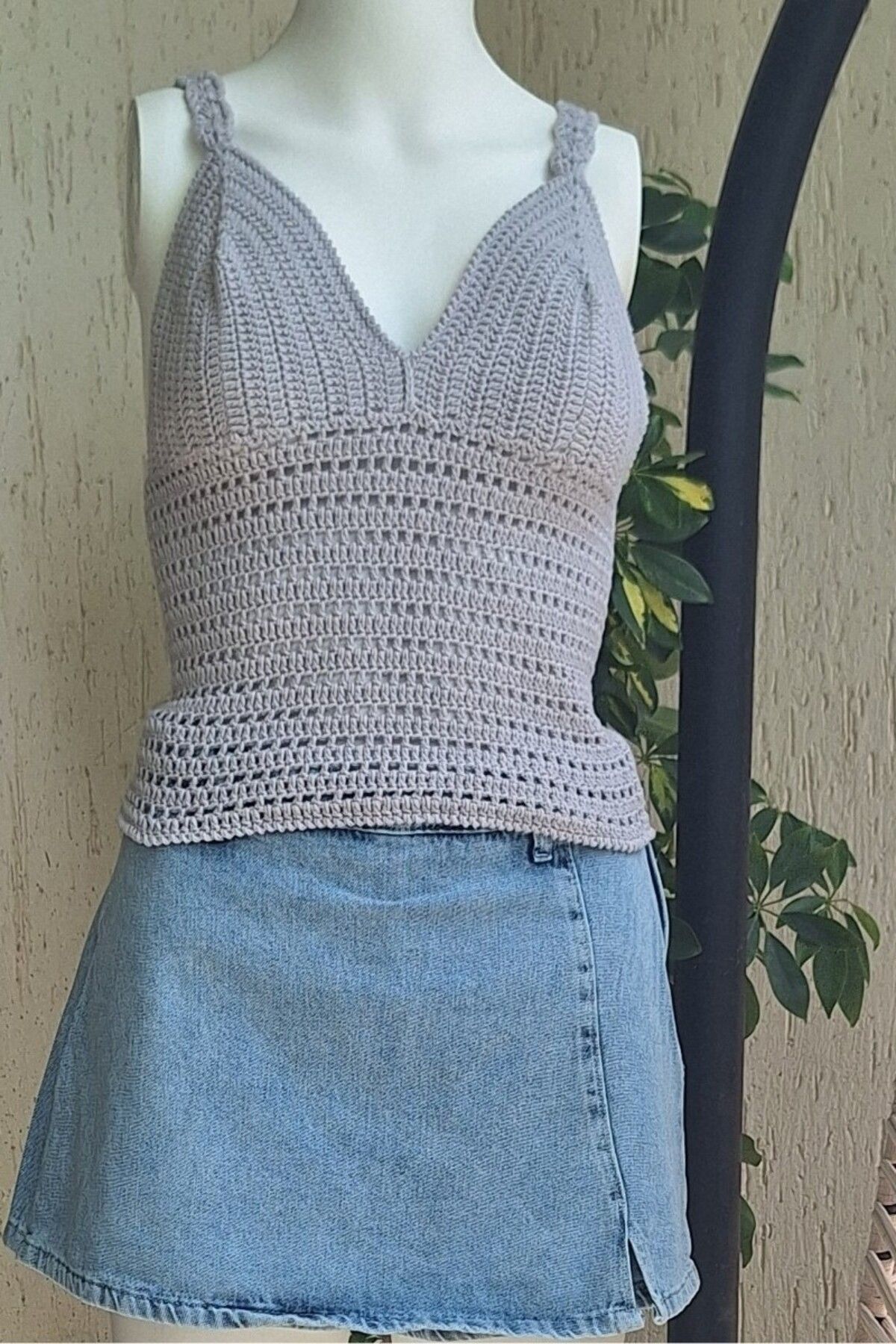 Butik KADIN GRİ RENK PAMUKLU COTON İPTEN HAND MADE EL ÖRGÜSÜ YAZLIK ASKILI BLUZ