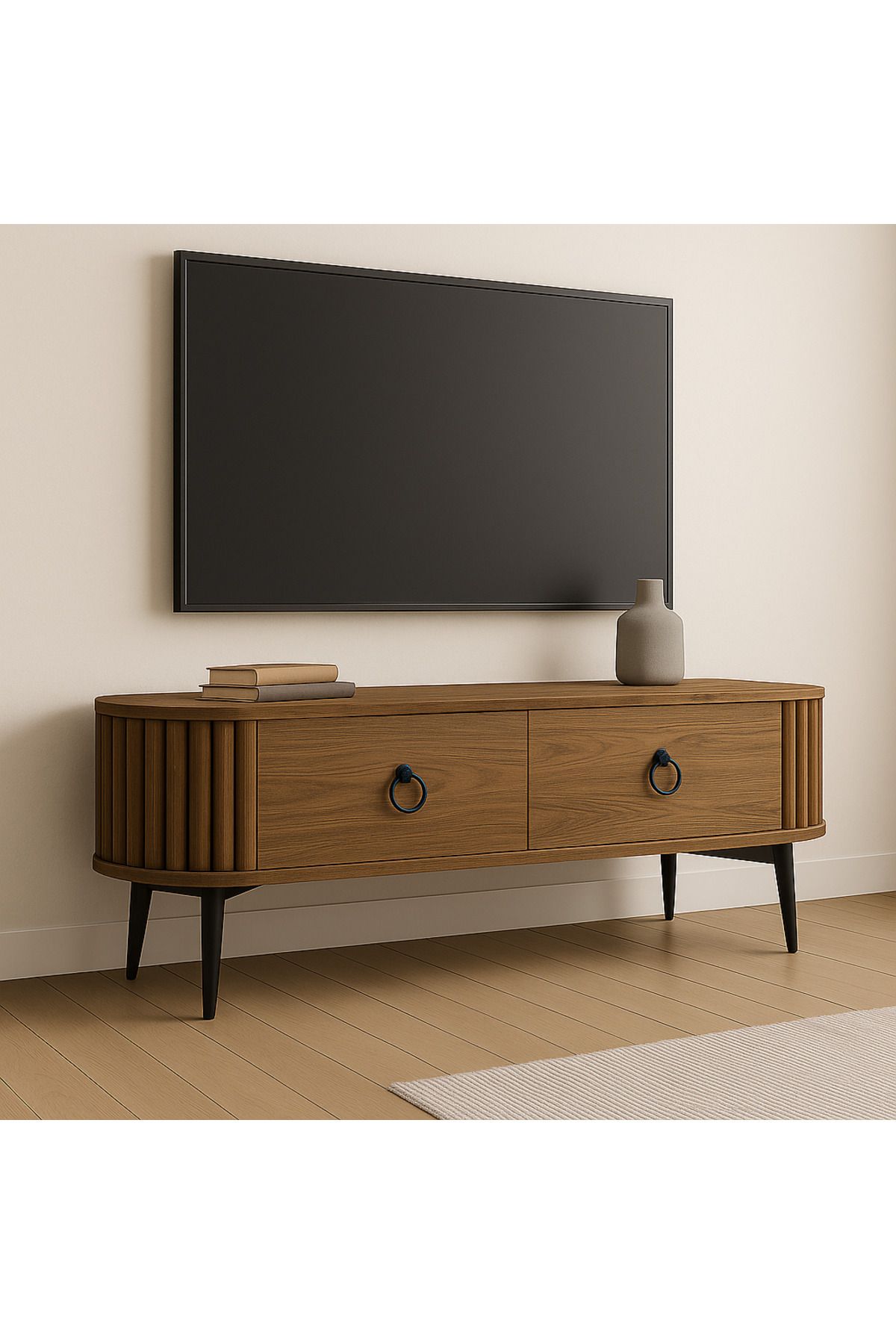 İGEMTASARİM Linea Ovallı Çıtalı Şık ve Fonksiyonel Tasarım TV Ünitesi – 120 cm