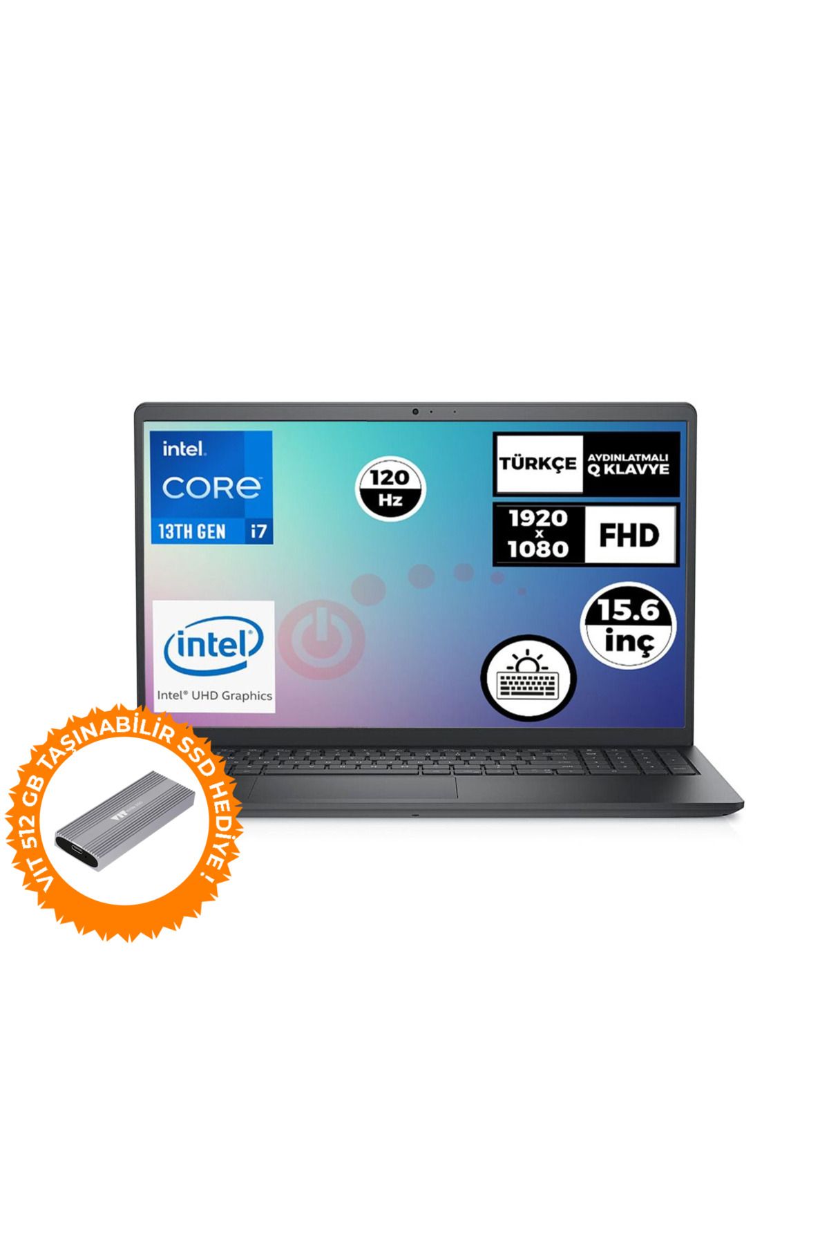 Dell Vostro 3530 i7-1355U 32GB 1TB SSD 15.6"Fdos Laptop+VIT 512G Taşınabilir SSD N1601PVNB3530U 024