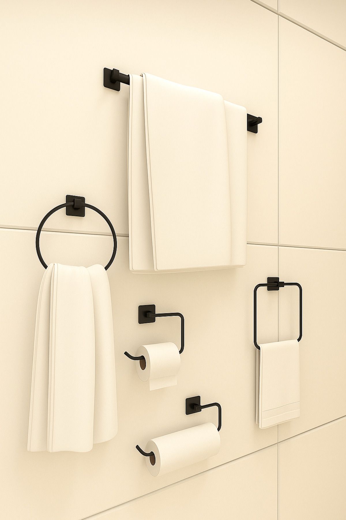 EHA HOME 5'li Set Güçlü Yapışkanlı Daire, Kare, Uzun Havlu Askısı Wc Kağıt Ve Rulo Kağıt Askısı