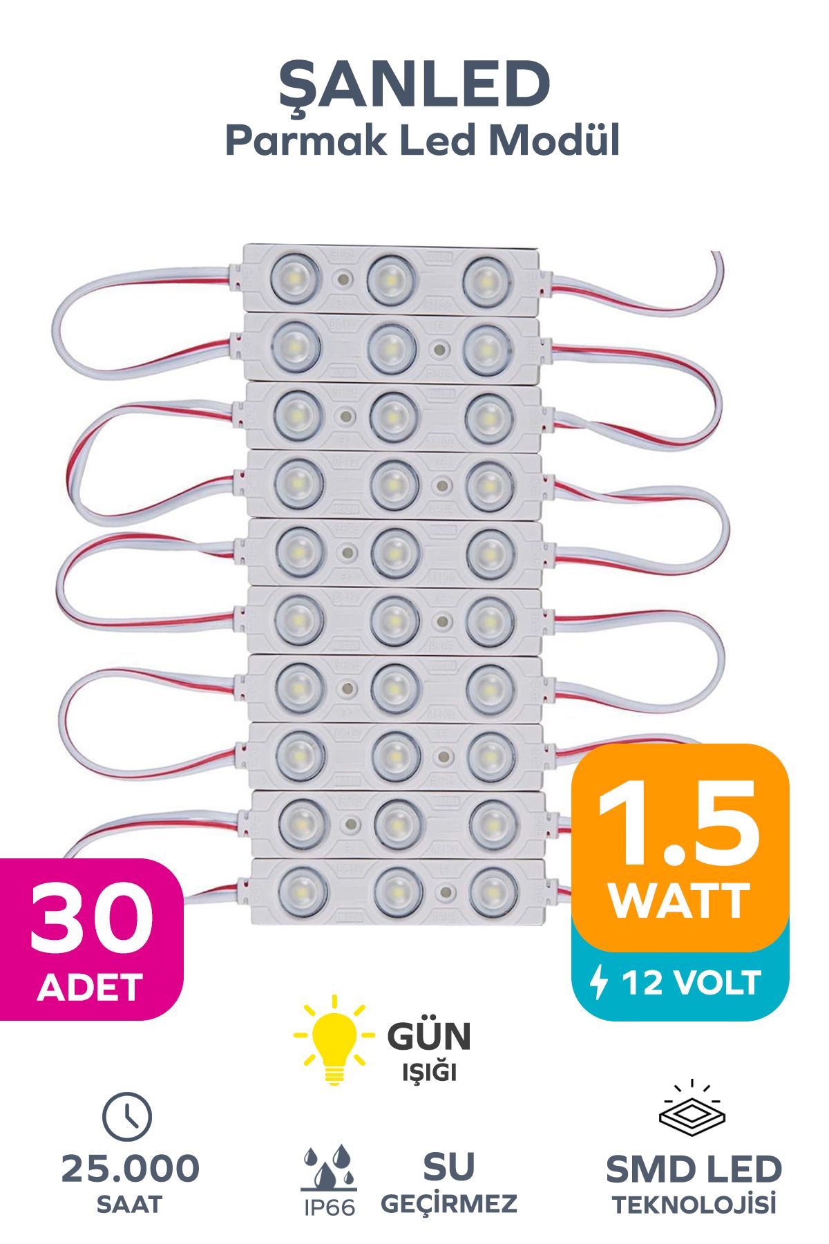 ŞANLED 3 Ledli Parmak Led Modül 1.5w 2835 Smd Mercekli Beyaz,gün Işığı,mavi,kırmızı,yeşil 12v-30 Adettir