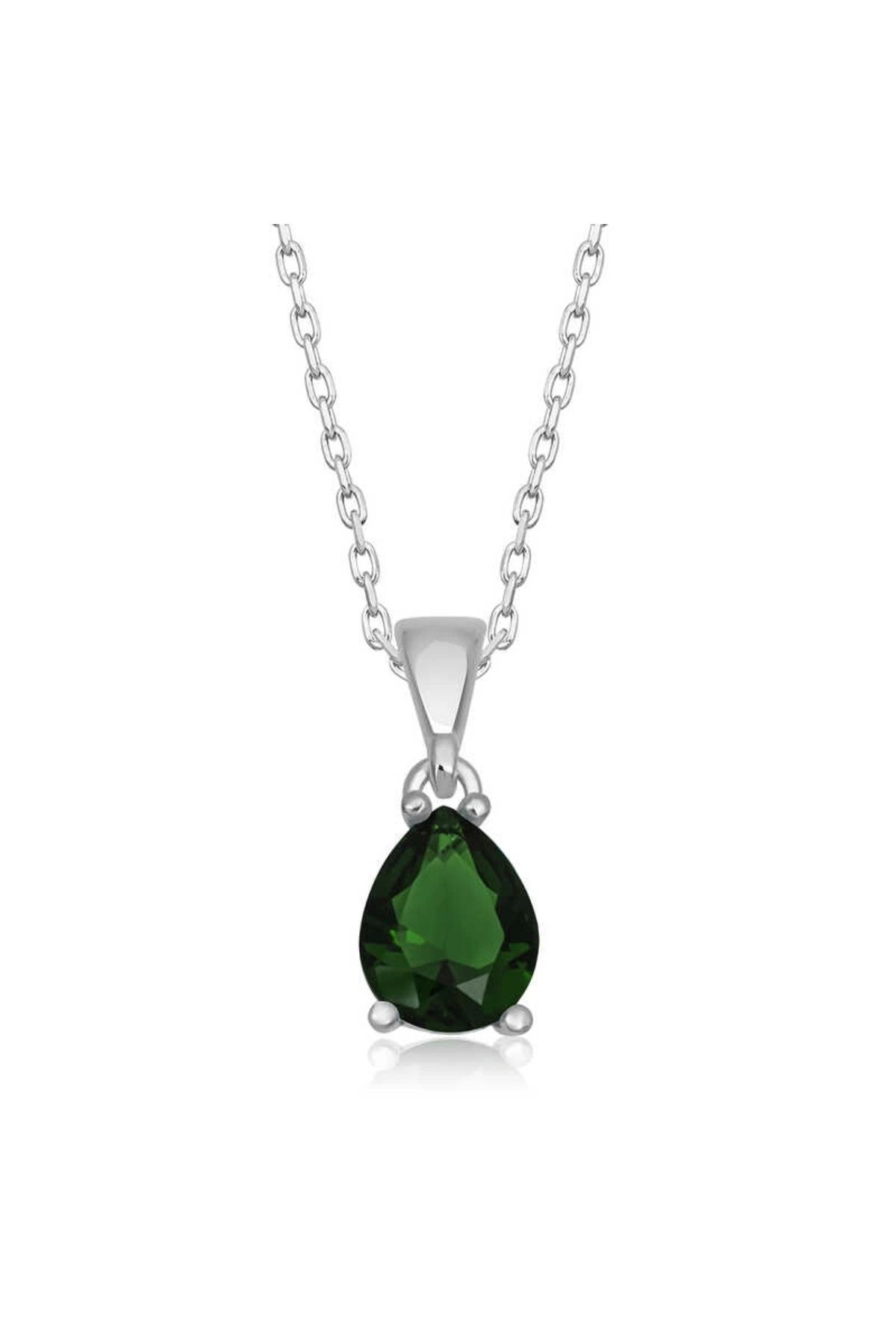 minaydan 925 Ayar Gümüş Yeşil Kristal Damla Taşlı Kadın Gümüş Kolye