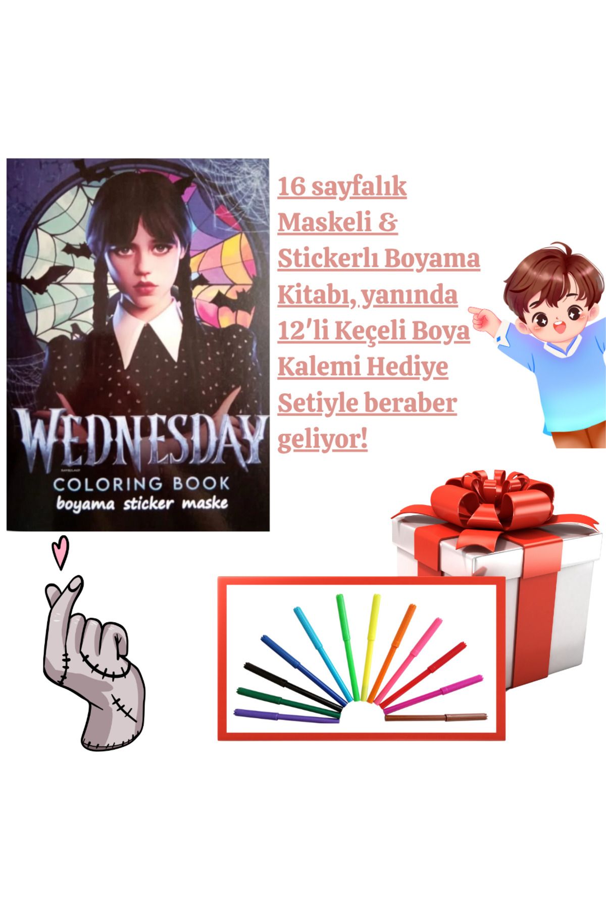 booddie Wednesday Boyama Kitabı Stickerlı (arka Kapak Kesilerek Maskeli ) 12'li Keçeli Boya Kalem Seti