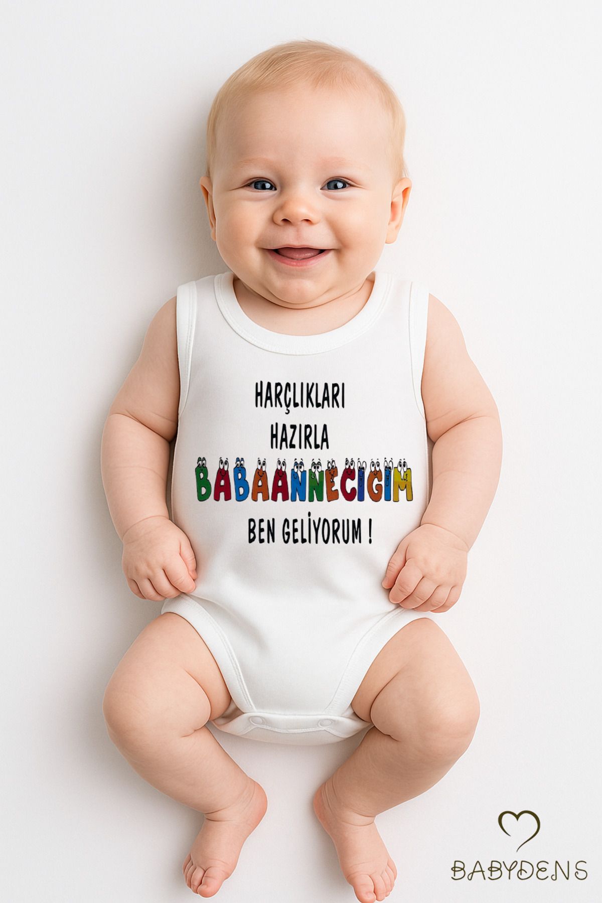 BABYDEN'S Harçlıkları Hazırla Babaannecim Ben Geliyorum Yazılı Kolsuz Bebek Body Pamuk Yazlık Çıtçıtlı Zıbın