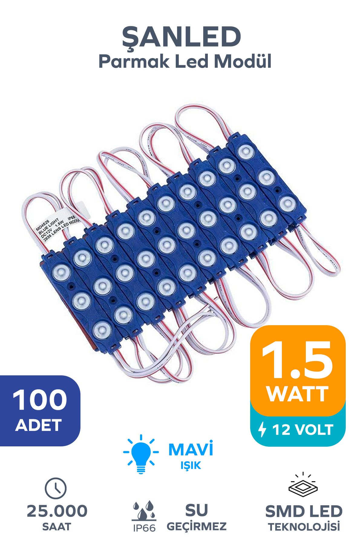ŞANLED 3 Ledli Parmak Led Modül 1.5w 2835 Smd Mercekli Beyaz,gün Işığı,mavi,kırmızı,yeşil 12v-100 Adettir