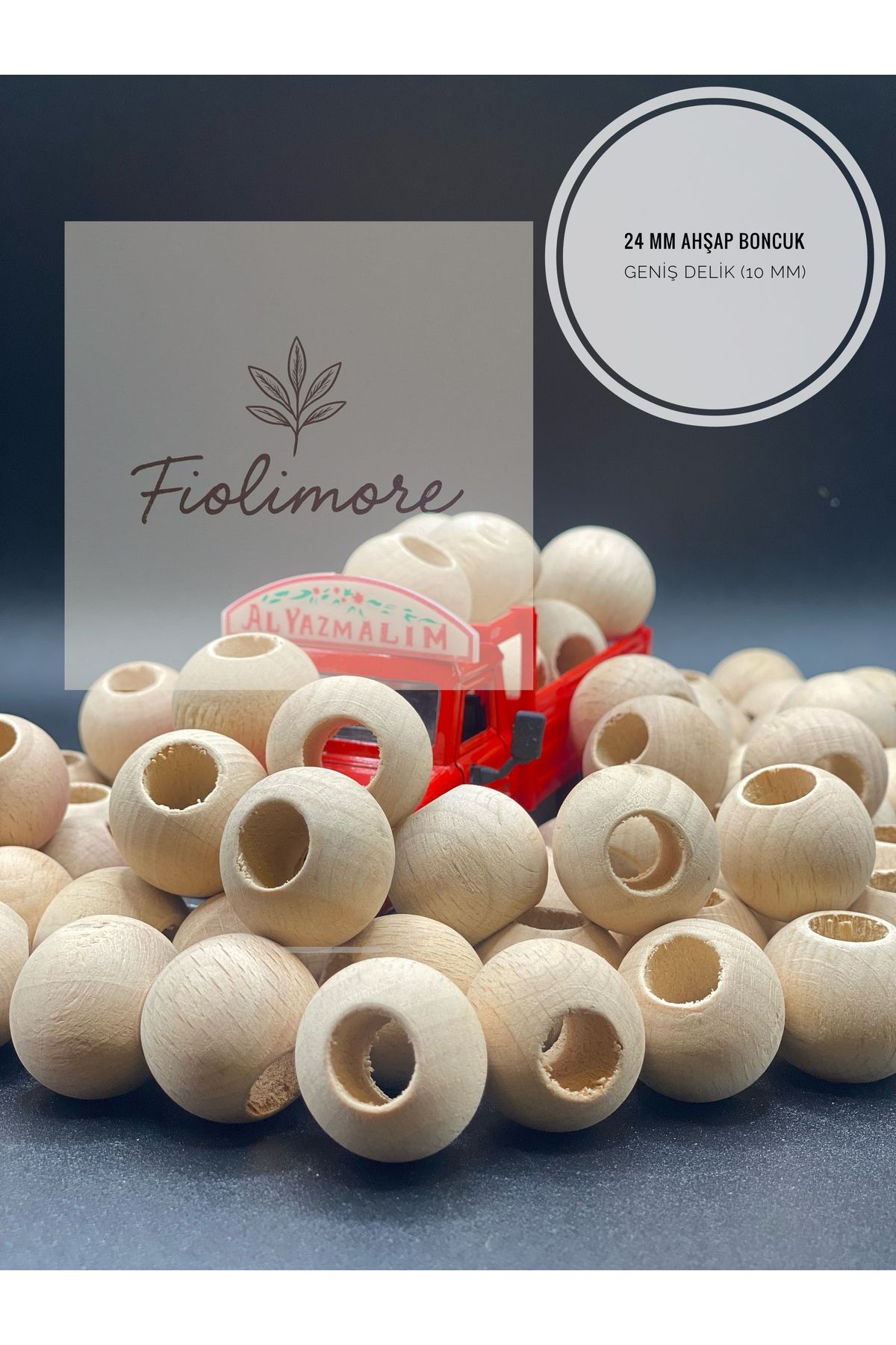 Fiolimore 24 mm Ham Ahşap Boncuk (50 Gram 15 Adet) Delik Çapı 10 mm Yuvarlak Tahta Geniş Delik