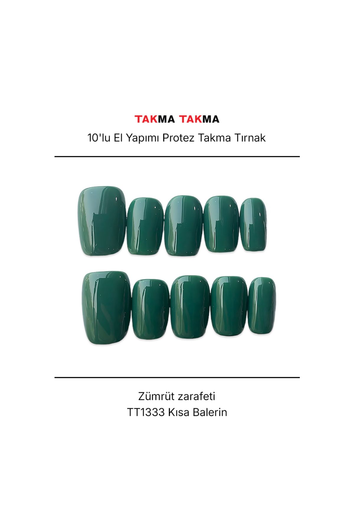 Takma Takma Tekrar Kullanılabilir El Yapımı Protez Takma Tırnak - Zümrüt zarafeti - 10'lu TT1333 S-Yeşil