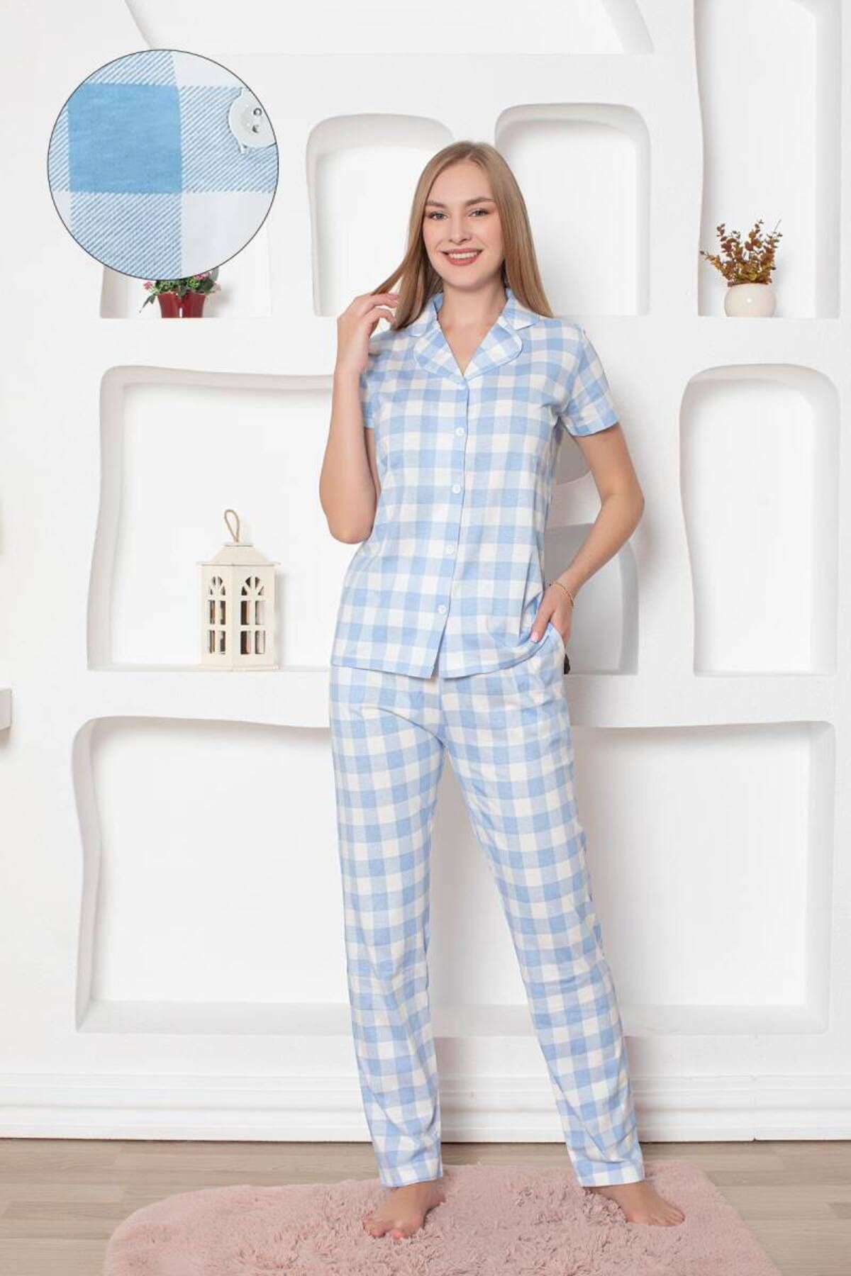 Miss Merveille Ekoseli Önden Düğmeli Kadın Pijama Takımı - Mavi Kısa Kollu Penye 2793KY