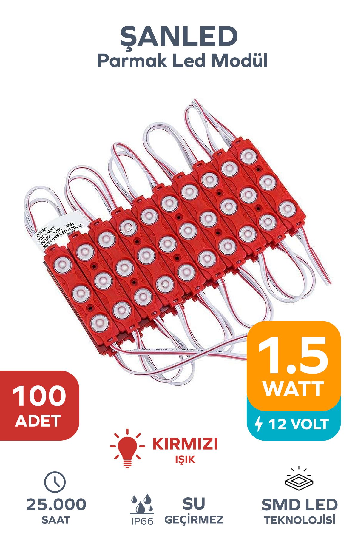 ŞANLED 3 Ledli Parmak Led Modül 1.5w 2835 Smd Mercekli Beyaz,gün Işığı,mavi,kırmızı,yeşil 12v-100 Adettir