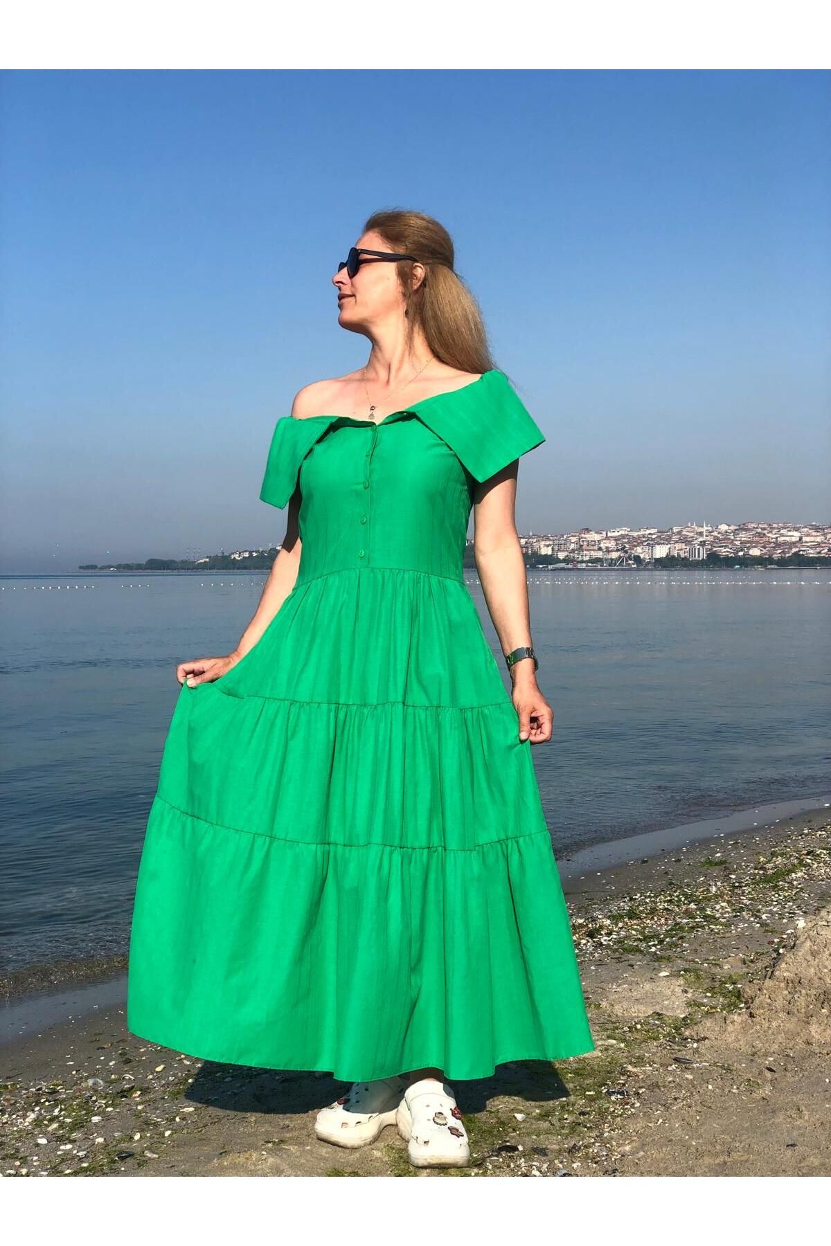 MONAMORE Yeşil Madonna yaka Önden düğmeli Katkat Poplin Elbise