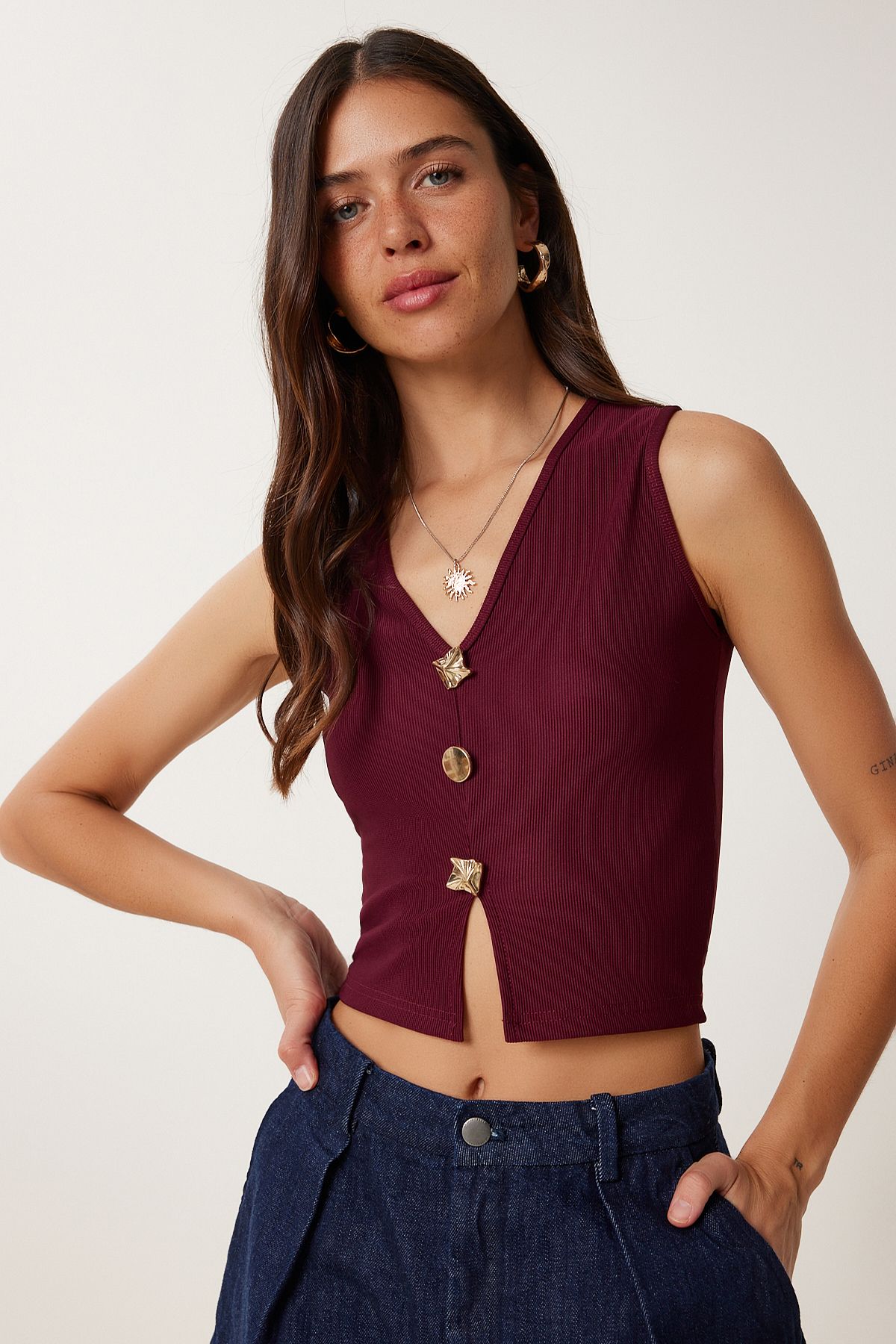 Lovelyİstanbul Dore Düğmeli Fitilli Örme Crop Bluz BORDO LZV0012