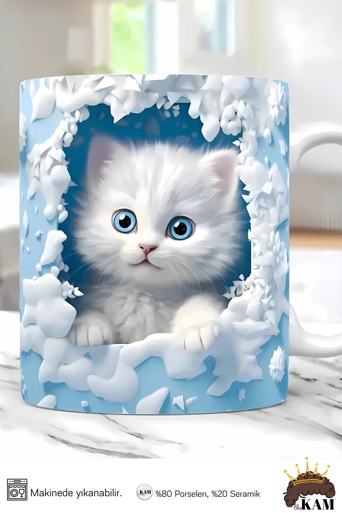 thekam Renkli Gözlü Kedi (SOFT MAVİ) Baskılı 3d Efektli Hediyelik Porselen Kupa Bardak, Kedili Kupa Bardak