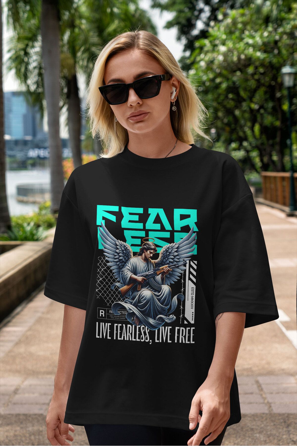 ELFAMİ Unisex Erkek/Kadın FEARLESS Renkli Özel Baskılı Oversize Pamuklu Bisiklet Yaka T-Shirt Tişört