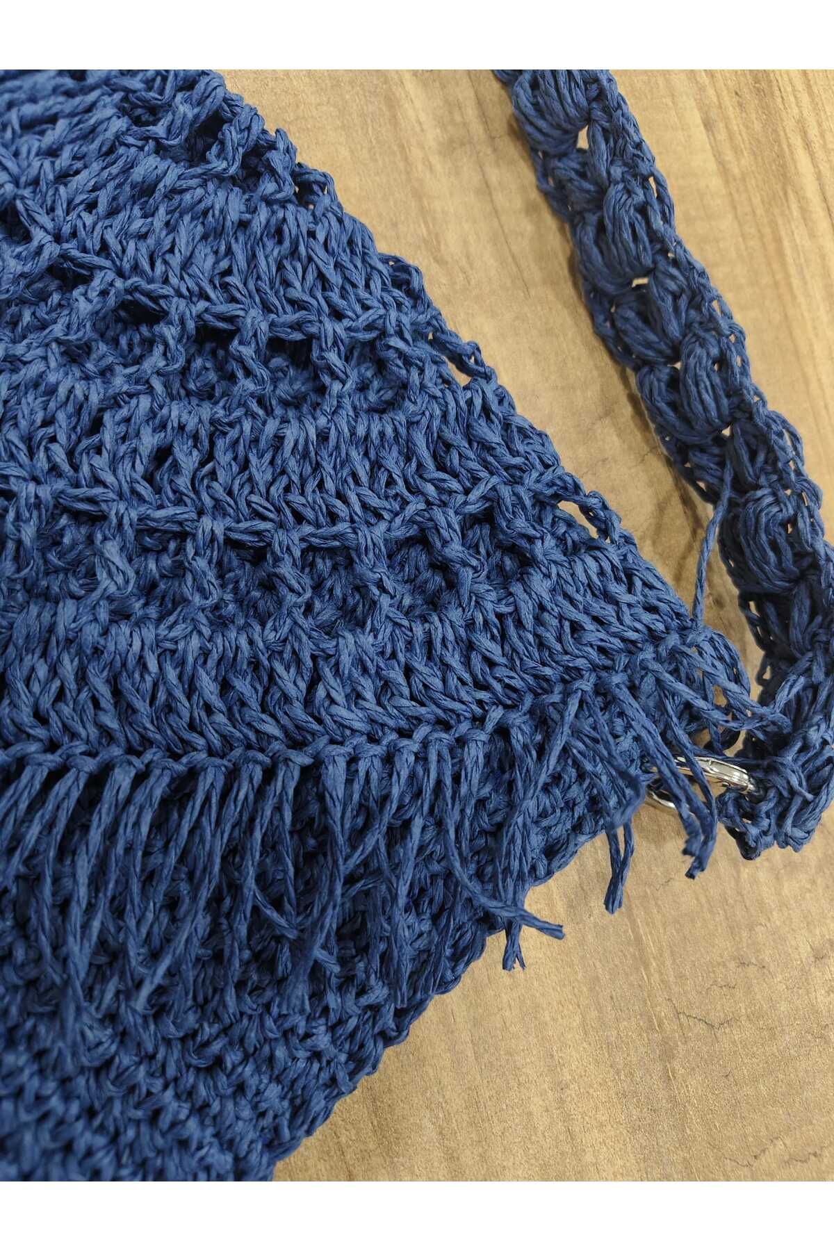 MODA Lacivert Kağıt İpten Tek Dilim Kapaklı Clutch Çanta