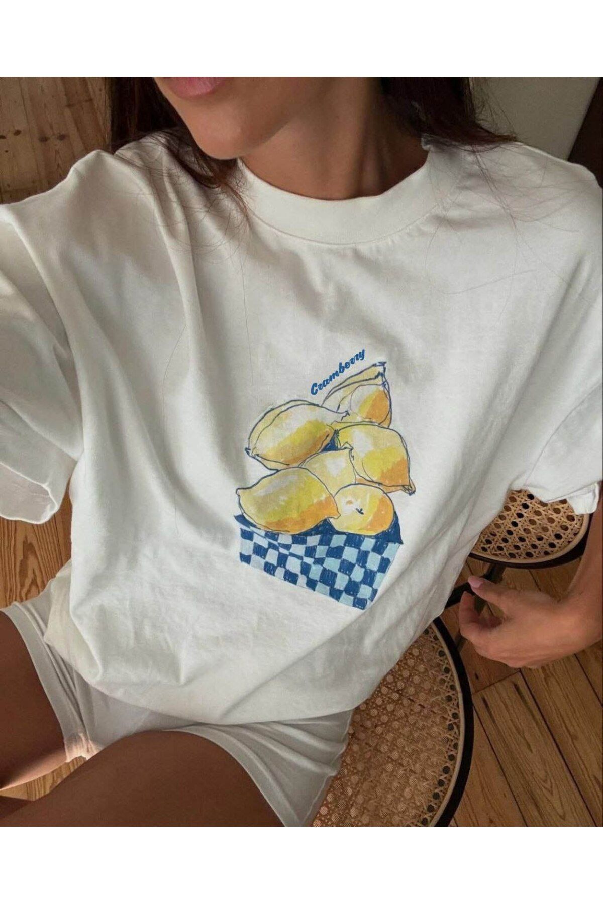 Butik Bisiklet Yaka Lemon Baskılı Oversize T-Shirt