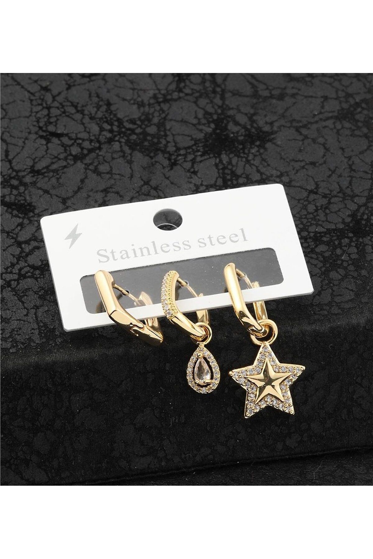 NKTCOLLECTİON Trend Üçlü Paslanmaz Çelik Gold Küpe Seti - Yıldız, Damla, Halka - Kararma Yapmaz