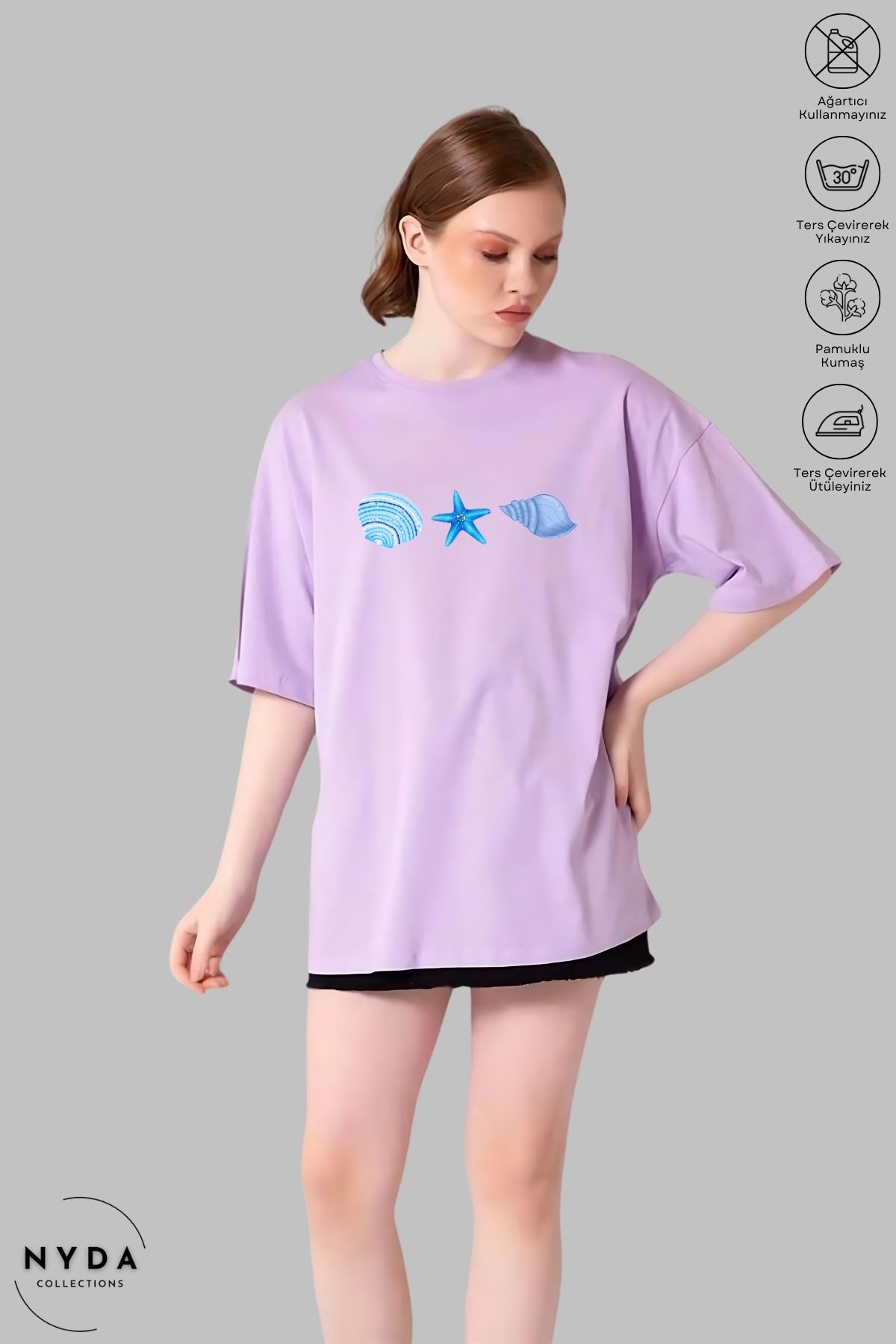 Nyda Collections Kadın Bisiklet Yaka Deniz Temalı Baskılı Pamuk Oversize Kısa Kollu Tişört