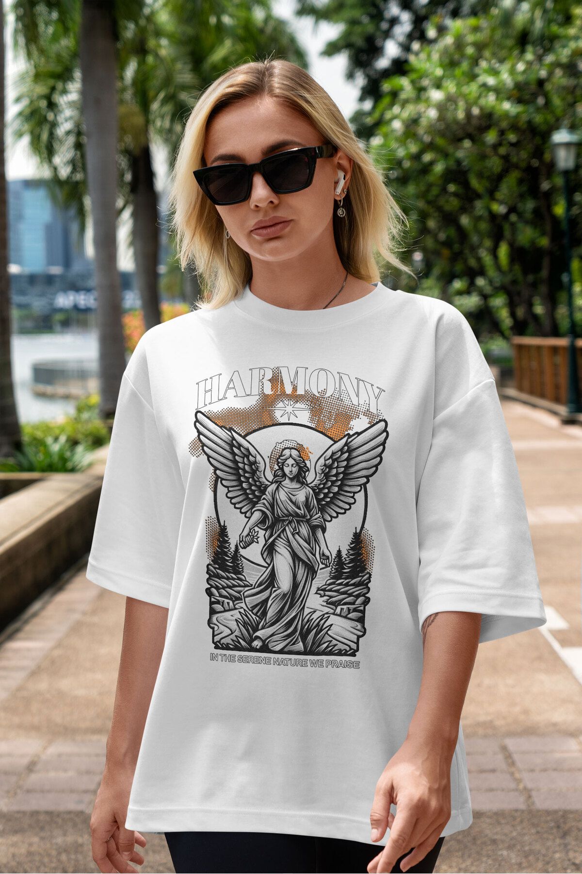 ELFAMİ Unisex Erkek/Kadın HARMONY Özel Baskılı Oversize Pamuklu Bisiklet Yaka T-Shirt