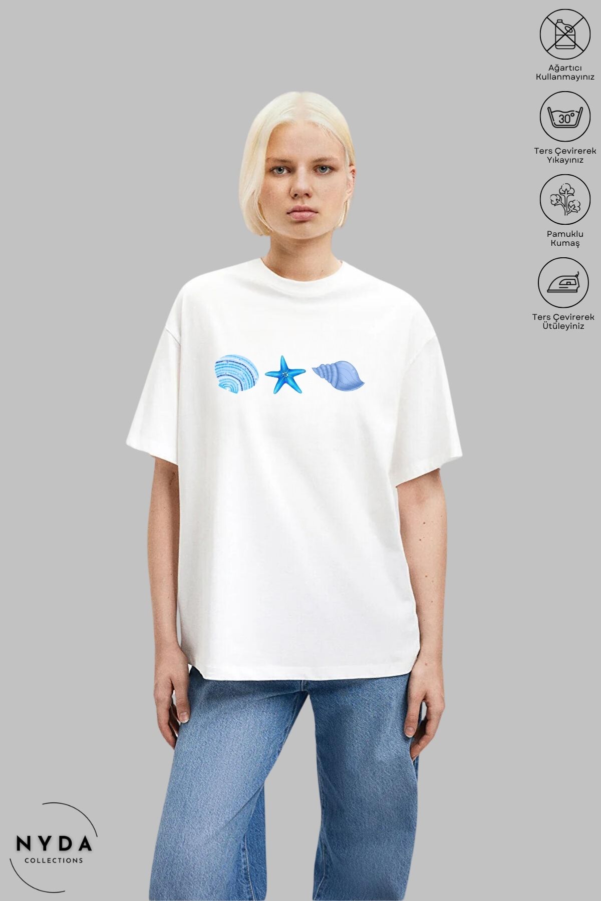 Nyda Collections Kadın Bisiklet Yaka Deniz Temalı Baskılı Pamuk Oversize Kısa Kollu Tişört