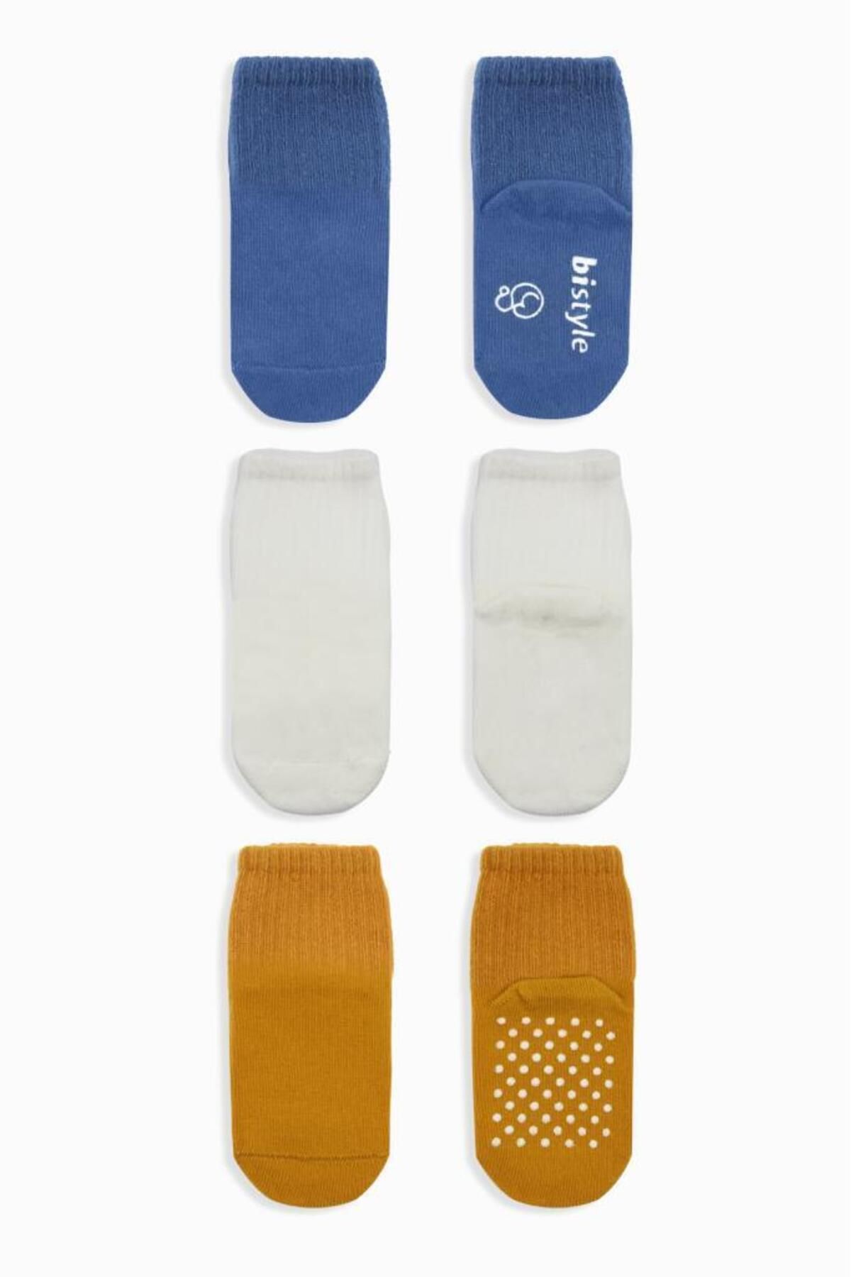 NW NessiWorld Nessiworld Bistyle Basic Kaymaz Penye Soket Çorap 3'Lü BS10107 İndigo Ekru Hardal