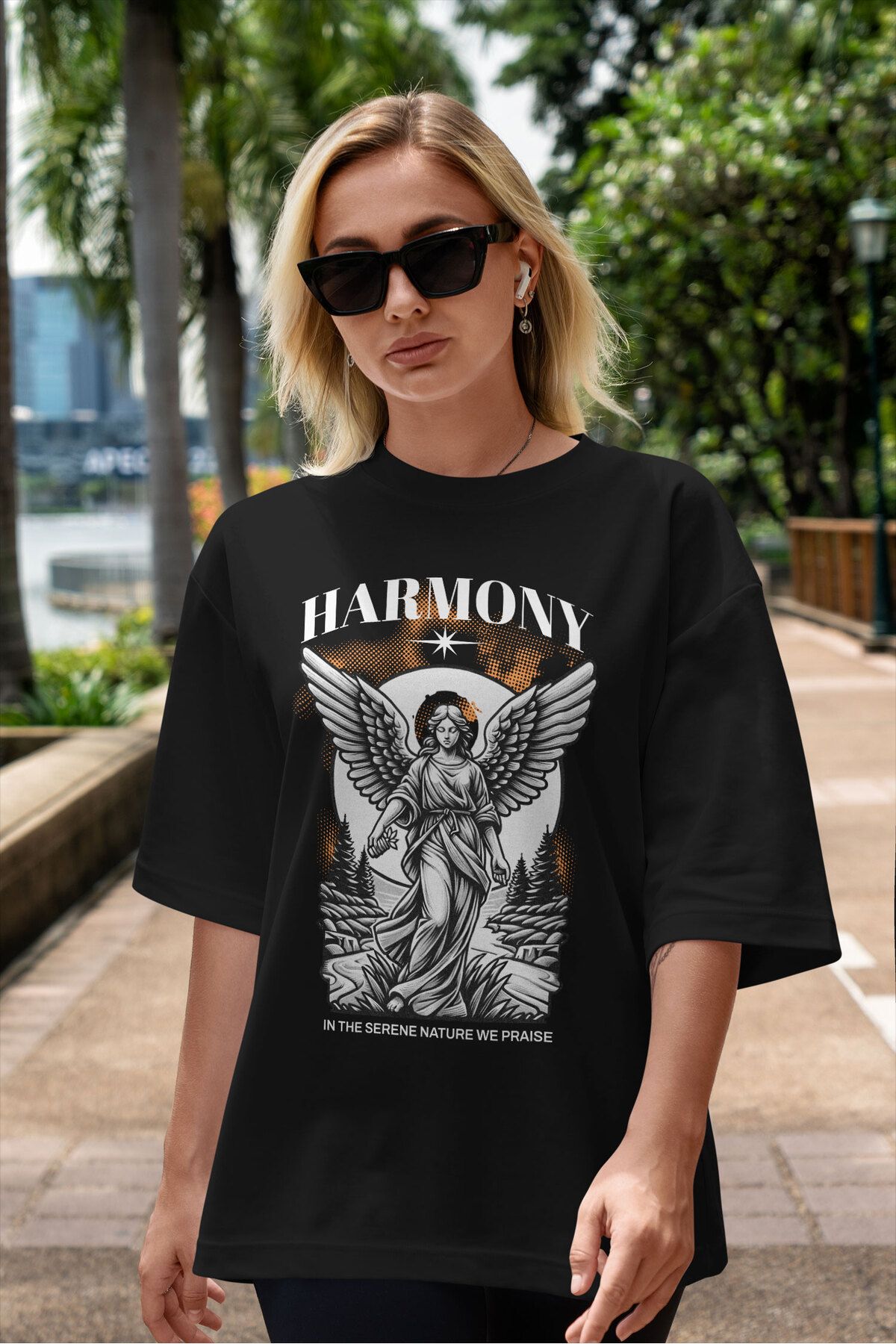 ELFAMİ Unisex Erkek/Kadın HARMONY Özel Baskılı Oversize Pamuklu Bisiklet Yaka T-Shirt