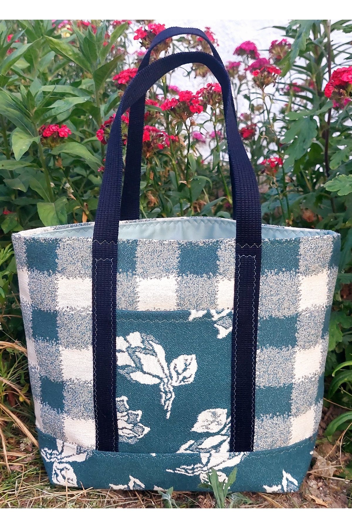 Mio Vero Ekoseli Çiçek Desenli Vintage Jakarlı Dokuma Kadın Omuz Çantası ve Totebag - El Yapımı
