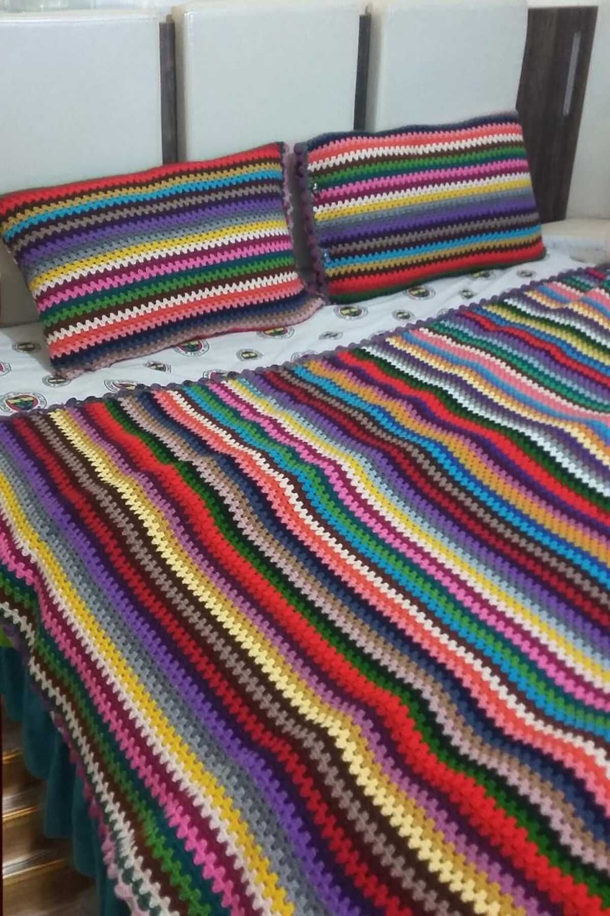 Örgü Sanatı DilekÇak El Örgüsü Çift Kişilik Bohem Yatak Battaniyesi, 270 X 190 Cm Yatak Örtüsü, Yatak Battaniyesi