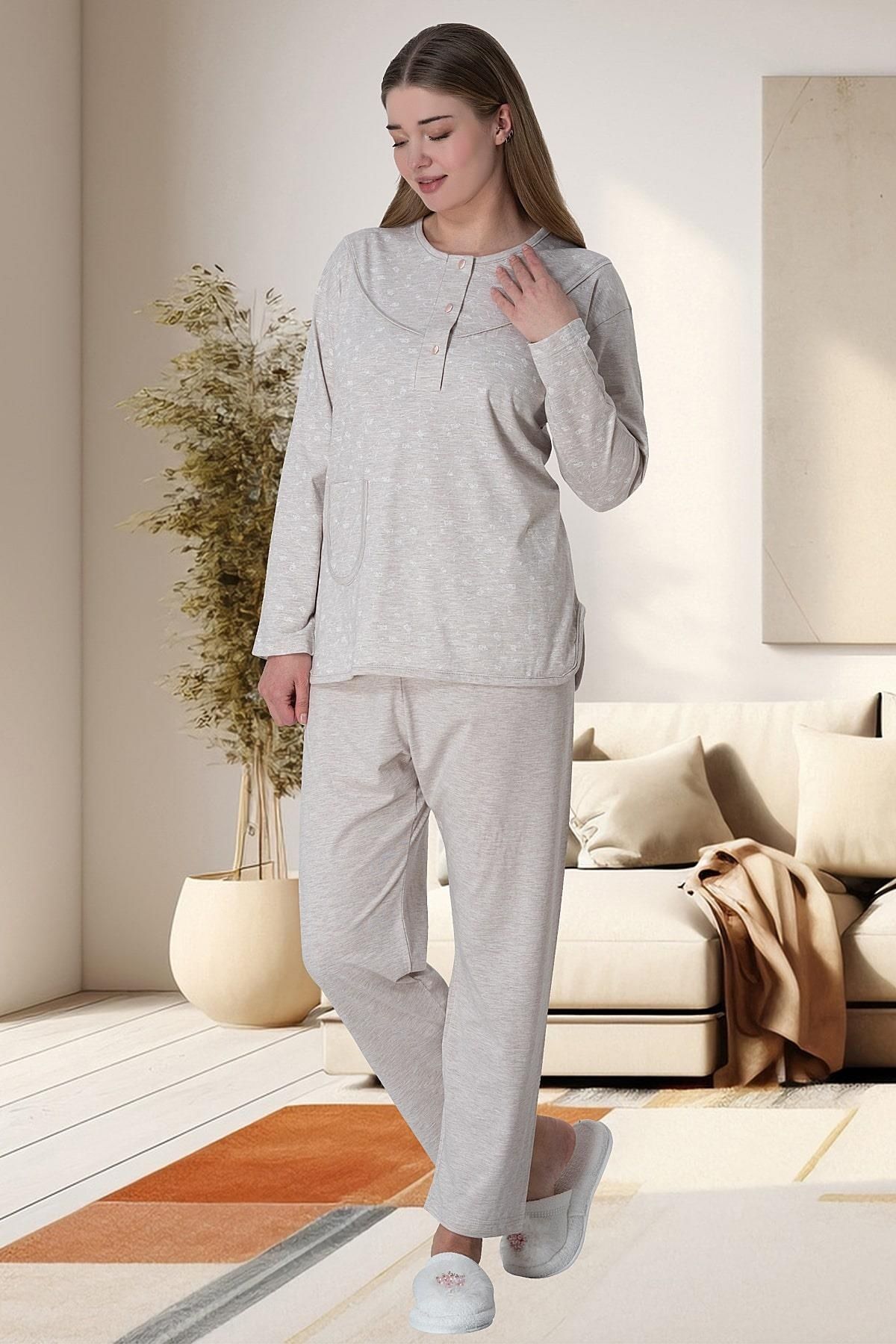 By Mecit Pijama Kadın Uzun Kollu Önü Yarım Düğmeli Büyük Beden Pijama Takımı