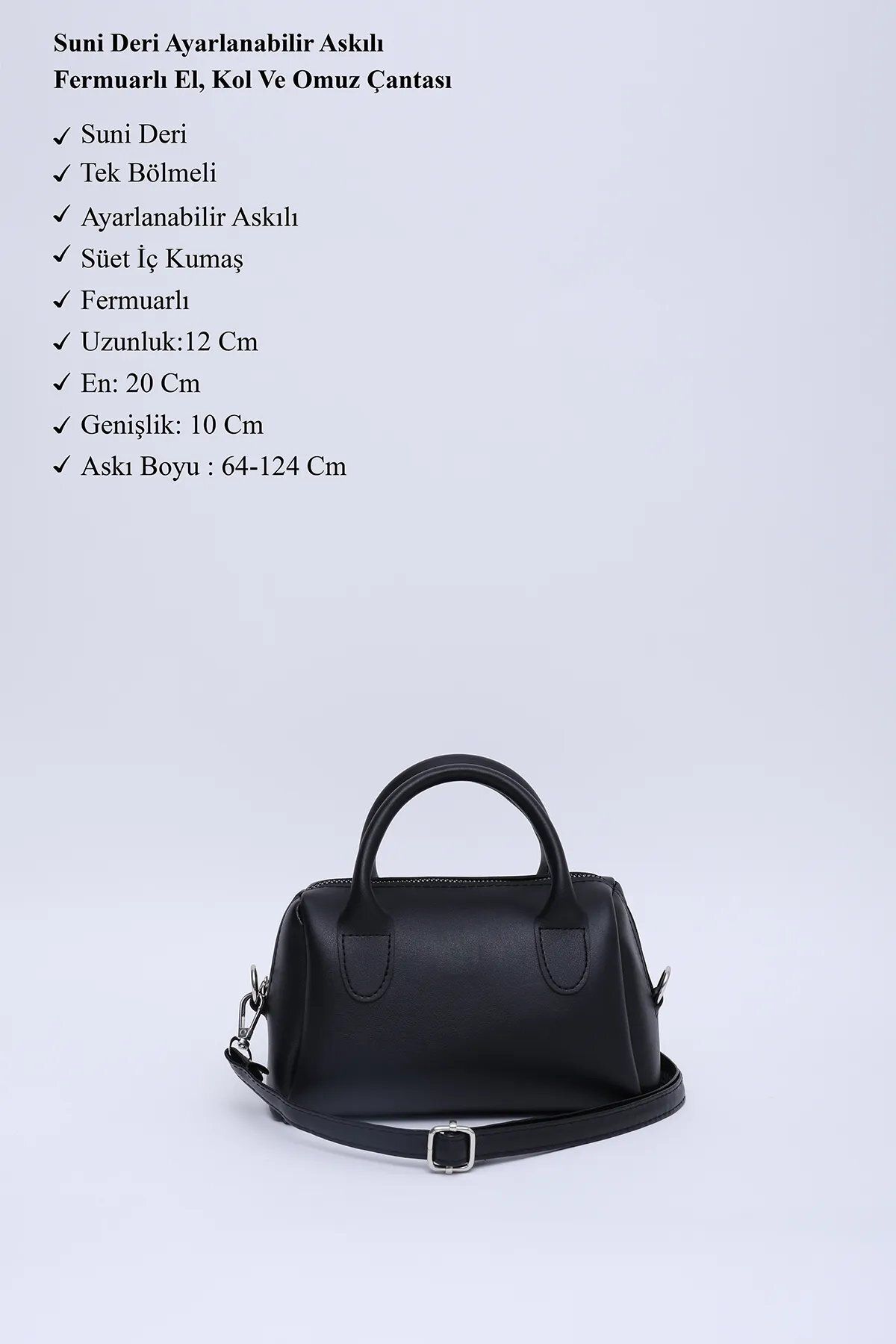 LİZZY BAG Siyah Suni Deri Tek Bölmeli Fermuarlı Ayarlanabilir Askılı El, Kol ve Omuz Çantası E:20 U:12