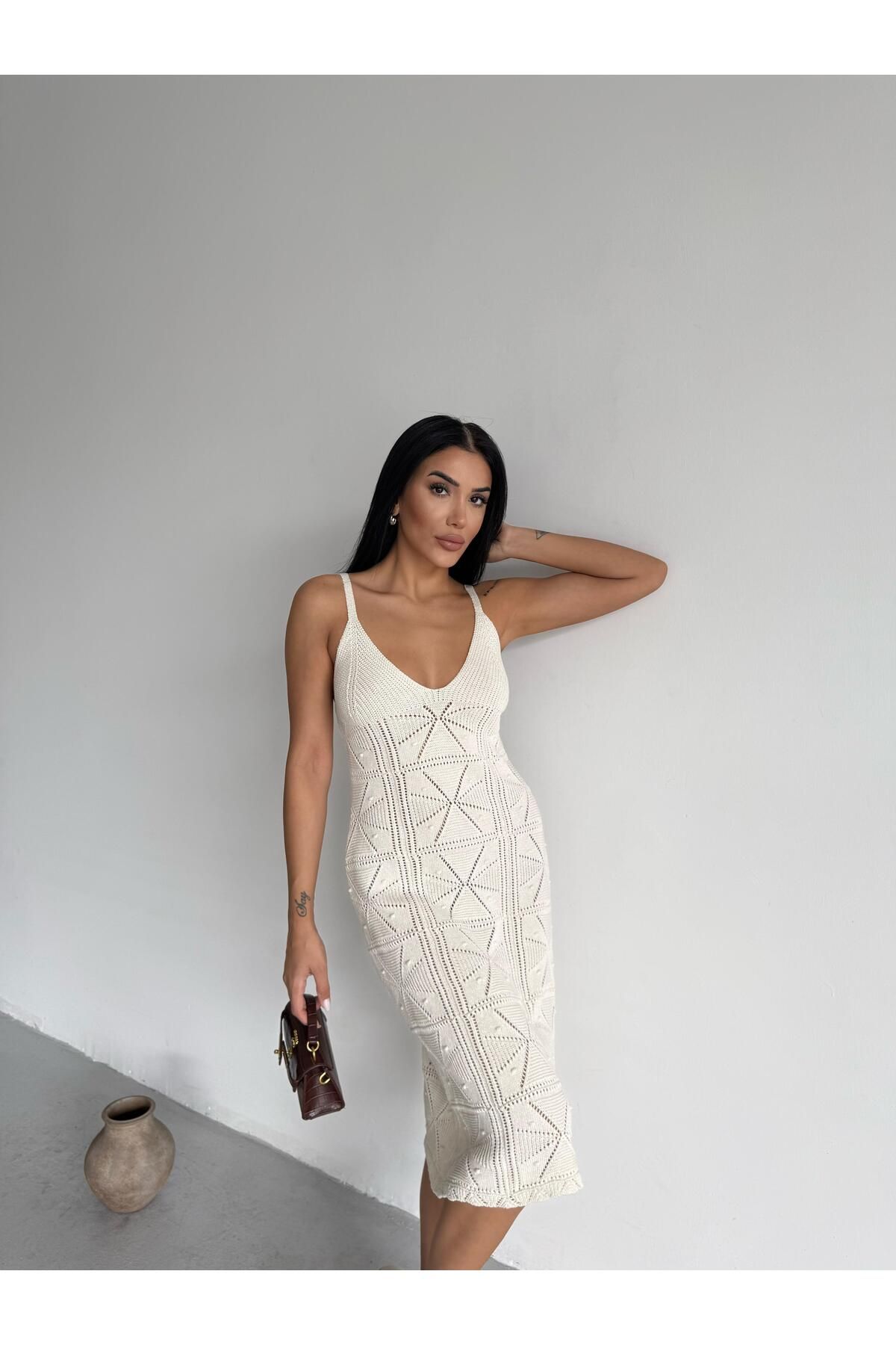 moda paketi Kadın Krem Desenli Astarsız Yazlık Midi Boy Triko Elbise