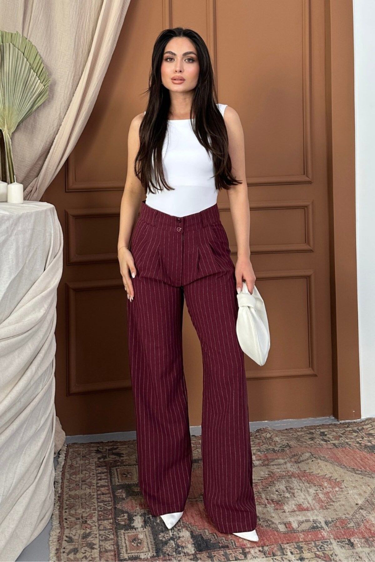 spirituel Kadın Pantolon Palazzo Çizgili Çift Düğme Detaylı Wide Leg Pantolon
