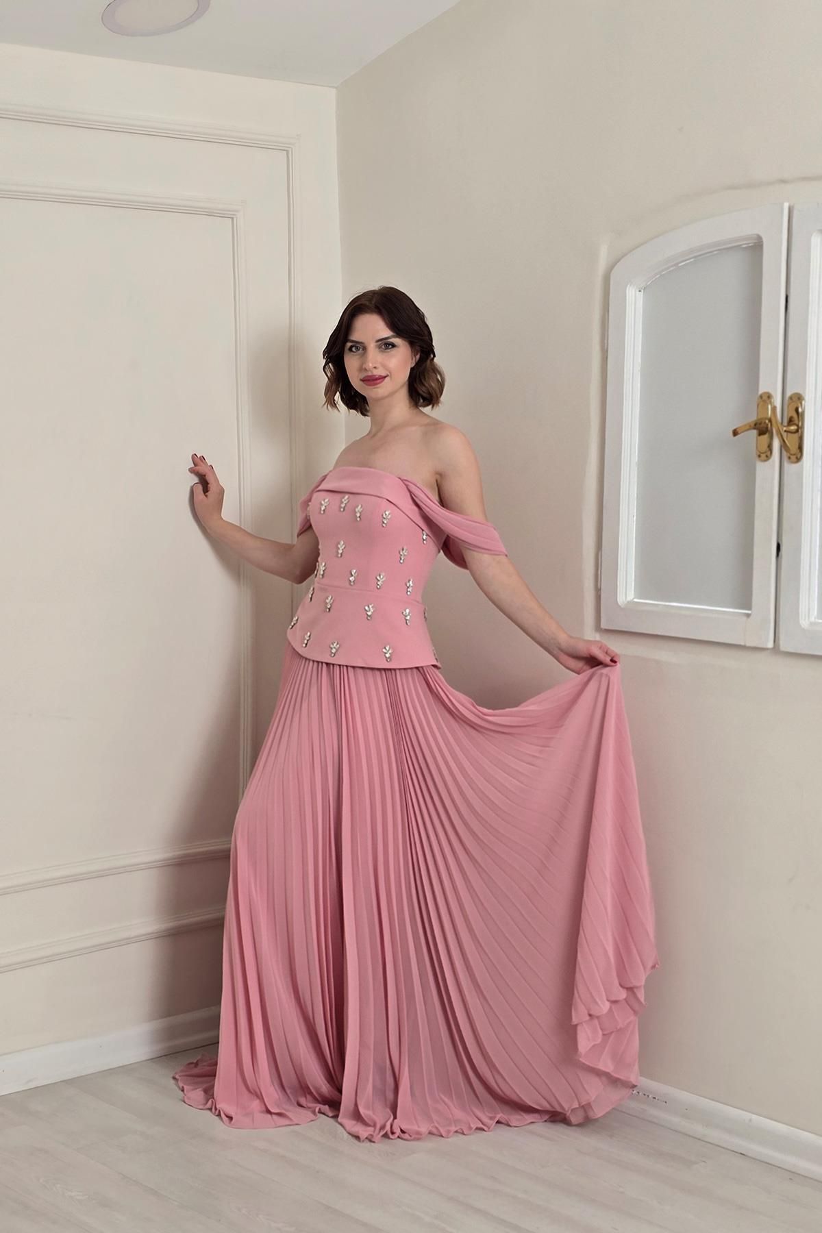 Yonca Moda Evi Pudra Pilise Etekli Abiye 2384