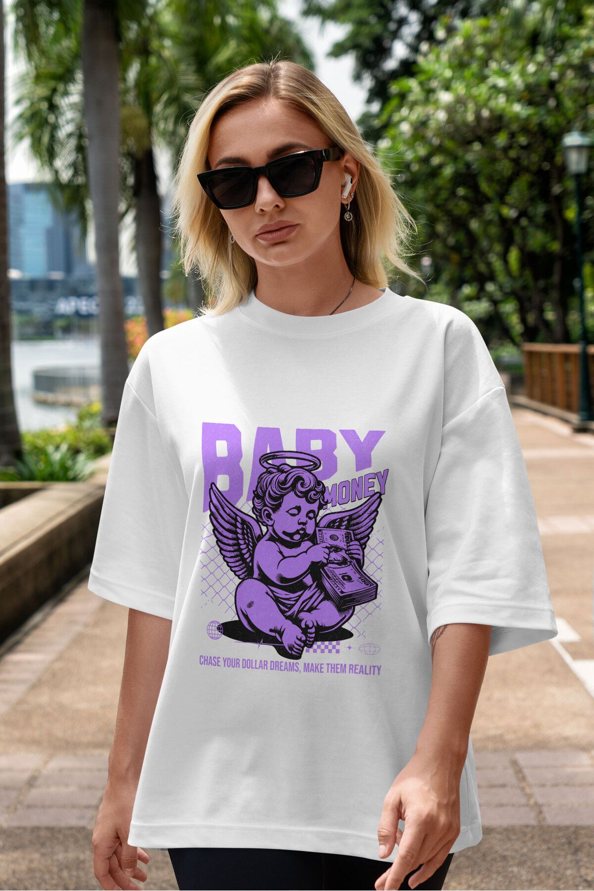 ELFAMİ Unisex Erkek/Kadın BABY MONEY Renkli Özel Baskılı Oversize Pamuklu Bisiklet Yaka T-Shirt Tişört