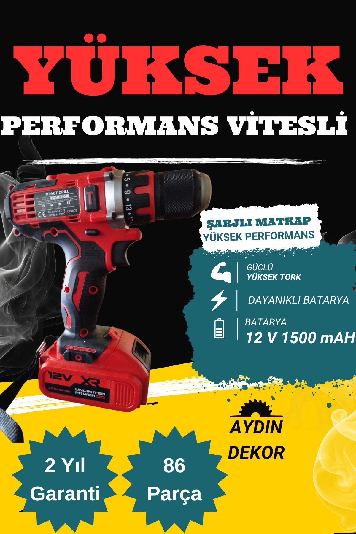 HAFSER 86 Parça Çift Vitesli Darbeli 12V Şarjlı Matkap Yüksek Torklu Şarjlı Matkap