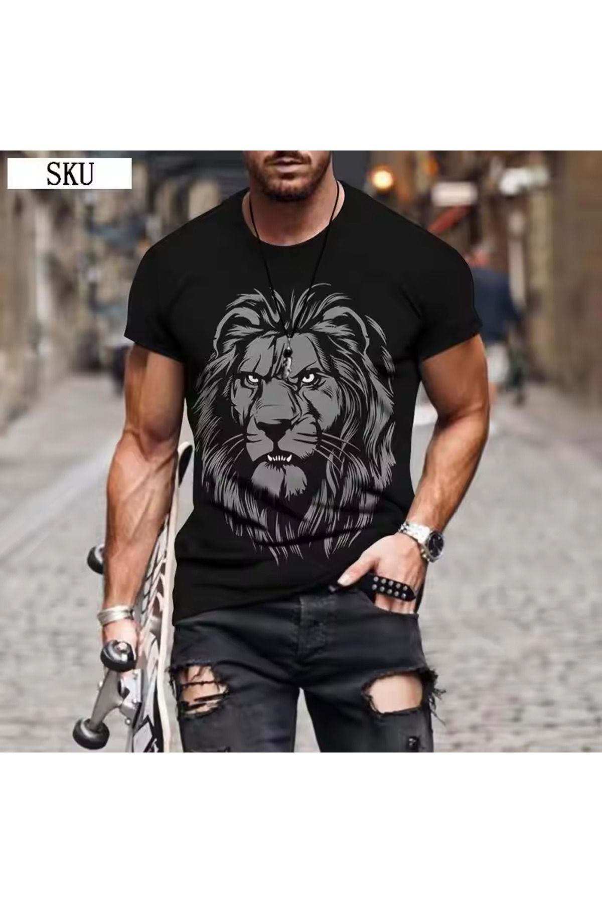 aynewmoda Kısa Kollu Yuvarlak Yaka Aslan Baskılı Tişört