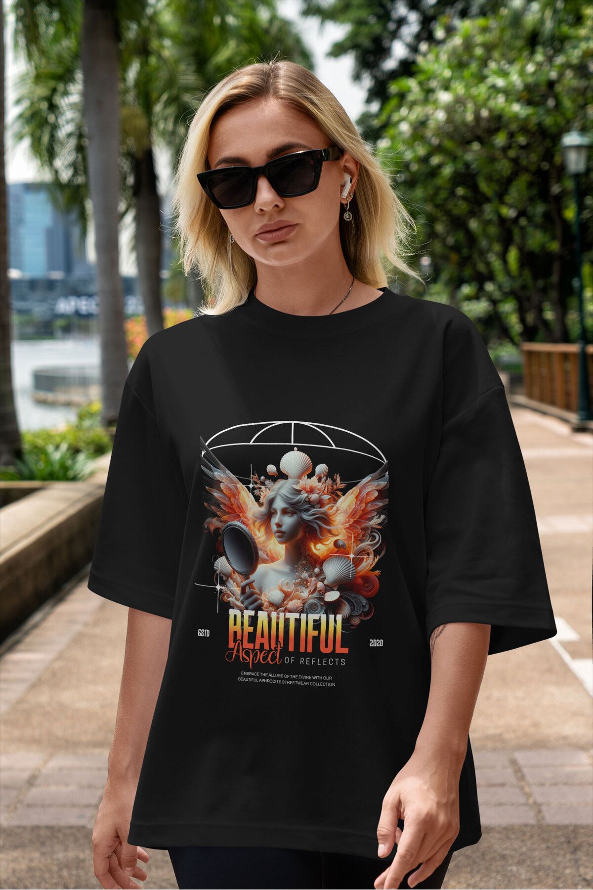 ELFAMİ Unisex Erkek/Kadın BEATIFUL Renkli Özel Baskılı Oversize Pamuklu Bisiklet Yaka T-Shirt Tişört