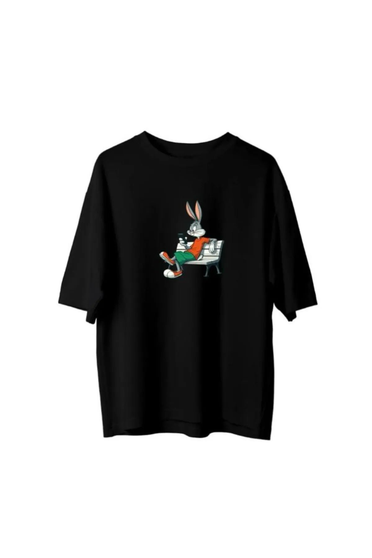 Koklonmoda Unisex Telefon Oynayan Tavşan Baskılı Oversize T-Shirt